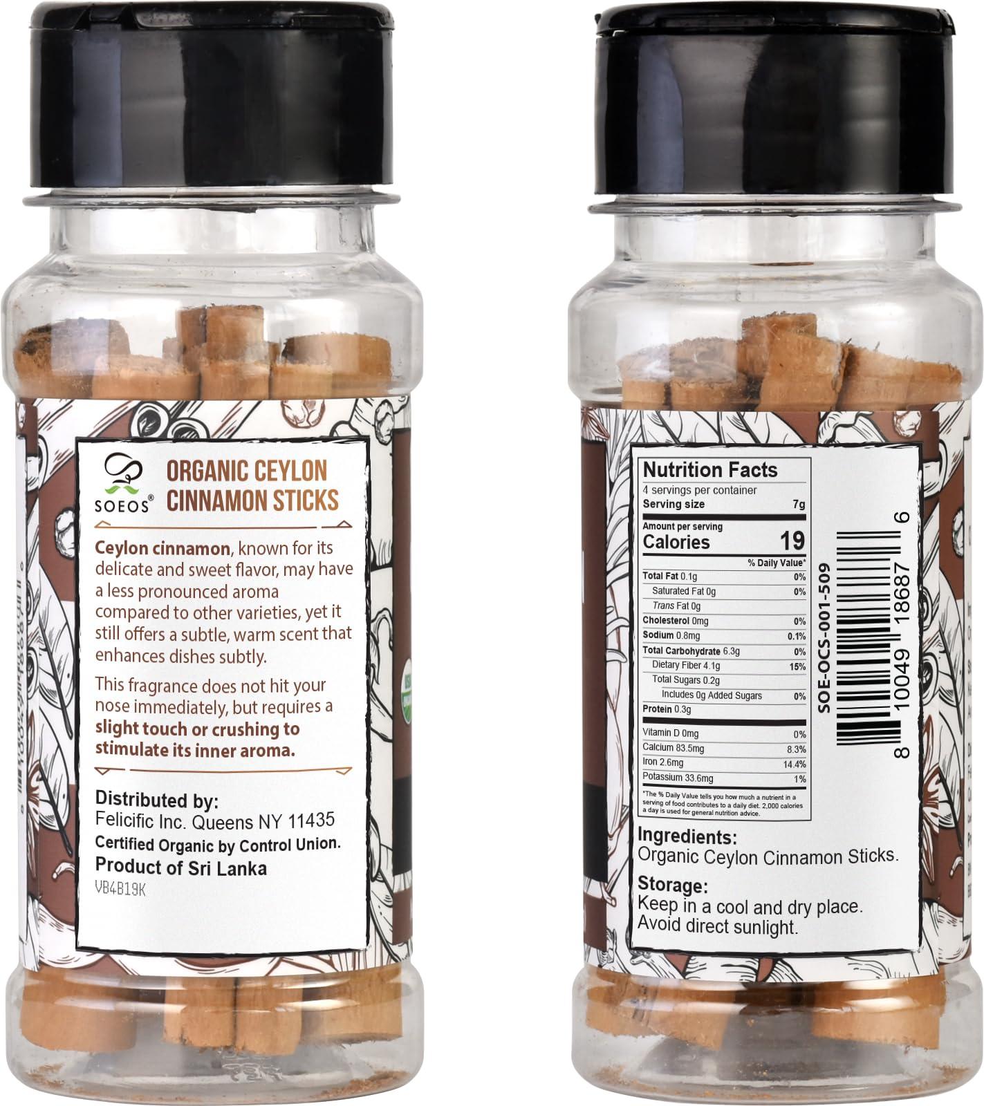 Soeos Soeos Ceylon Cinnamon Sticks, Organic Ceylon Cinnamon Sticks, Real Cinnamon Sticks farmed in Sri Lanka, Non-GMO, Cinnamon for Coffee, Baking, Cooking and Beverages 1 oz (28g)