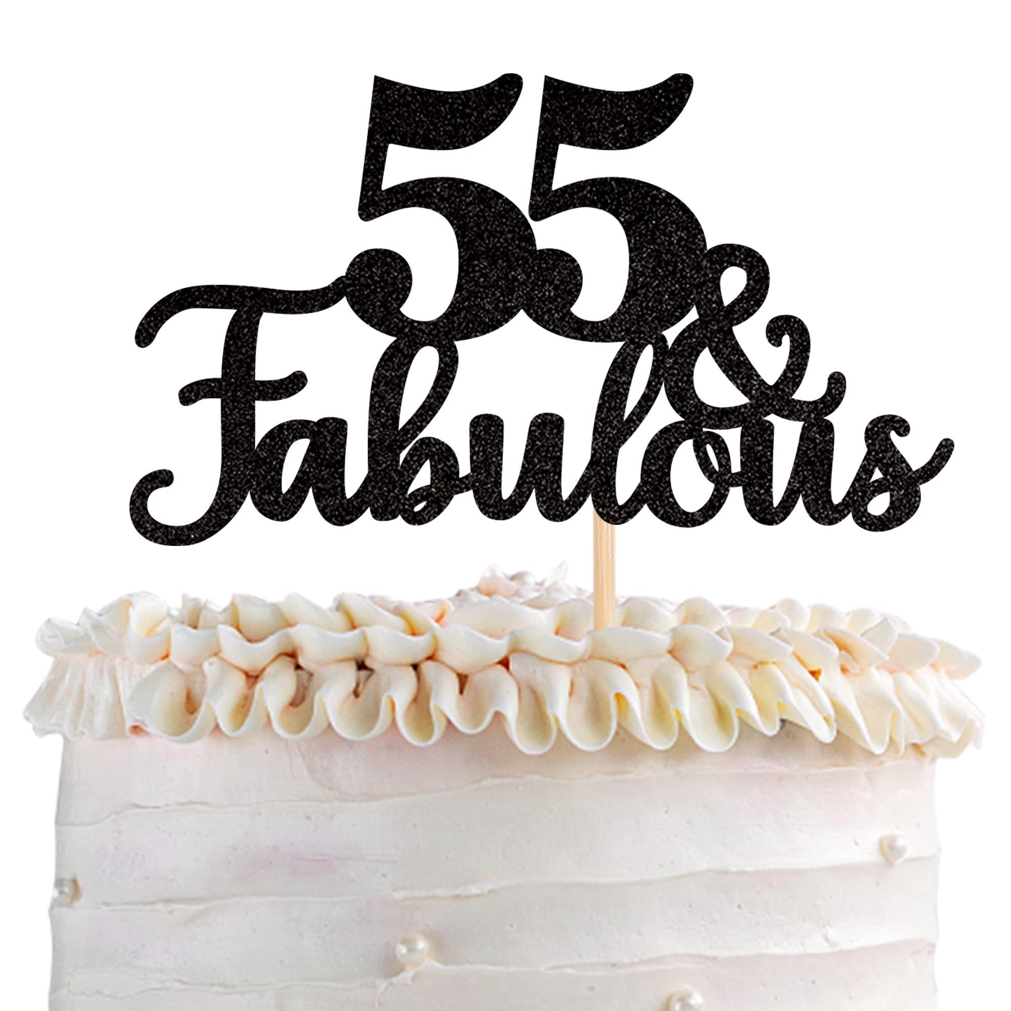 ZHUOWEISM 1 PCS 55 & Fabulous Cake Topper Glitter Fifty Five and Fabulous Cake Toppers Happy 55th Birthday Cake Pick for 55th Wedding Anniversary Birthday Party Cake Decorations Supplies Black