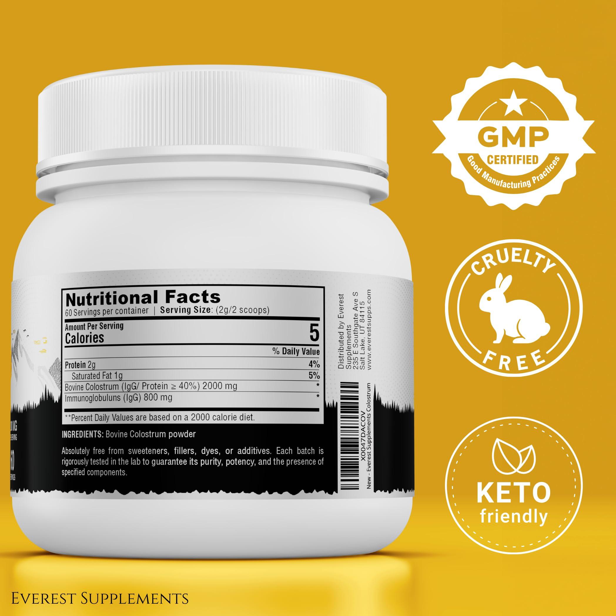 Everest Supplements Organic Colostrum Powder for Gut Health - 40% IgG, 100% Pure Grass Fed Powder for Hair Growth, Beauty, and Immune, Easy to Mix, High Concentration, Unflavored (60 Servings)