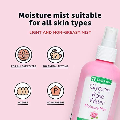 De La Cruz De La Cruz Rose Water and Glycerin Spray for Face - Rosewater Facial Toner and Moisturizer Mist for Skin and Hair 8 fl oz (236 mL)