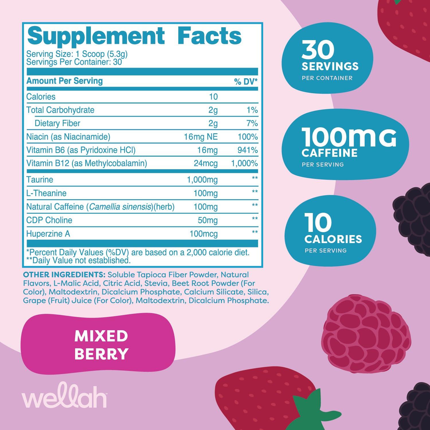 Wellah Wellah Perfect Pick-Me-Up (Mixed Berry) 30 Servings - Energy Boost Drink Mix