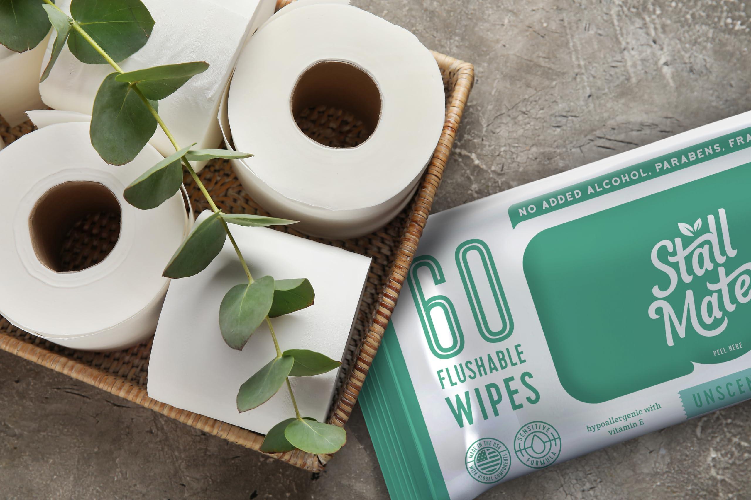 Stall Mates Wipes Stall Mates Wipes: Flushable Wipes | 60-Wipe Home Pack | Hypoallergenic | Unscented with Vitamin-E & Aloe | (4 Pack - 240 Wipes Total)