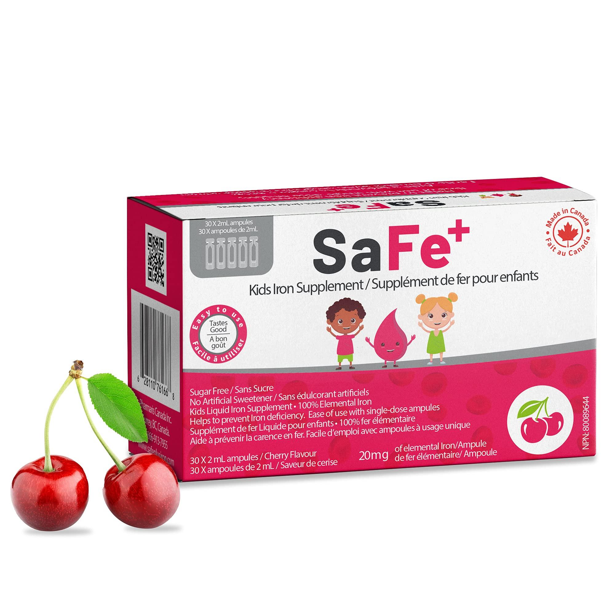 SaFe+ SaFe+ Liquid Iron for Children | Great Tasting Cherry Flavor | Easy to Use 20mg/2mL Iron per ampule | 30 Unit-Doses (2 ml Each) I Sugar Free & Allergen Free I Maintain Physical & Mental Wellbeing