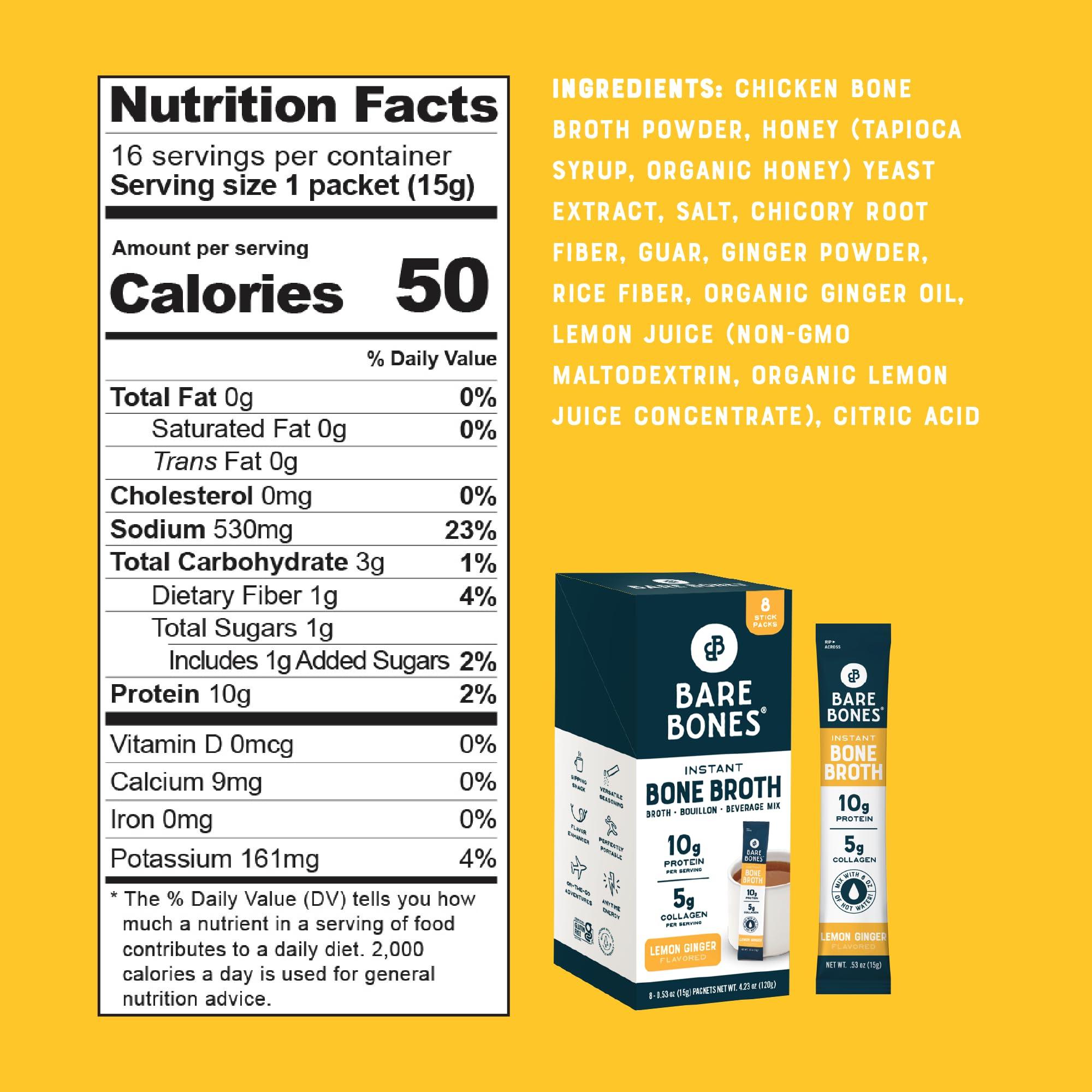 Bare Bones Bare Bones Bone Broth Instant Powdered Mix, Lemon Ginger, Pack of 8, 15g Sticks, 10g Protein, Keto & Paleo Friendly Bone Broth Packets