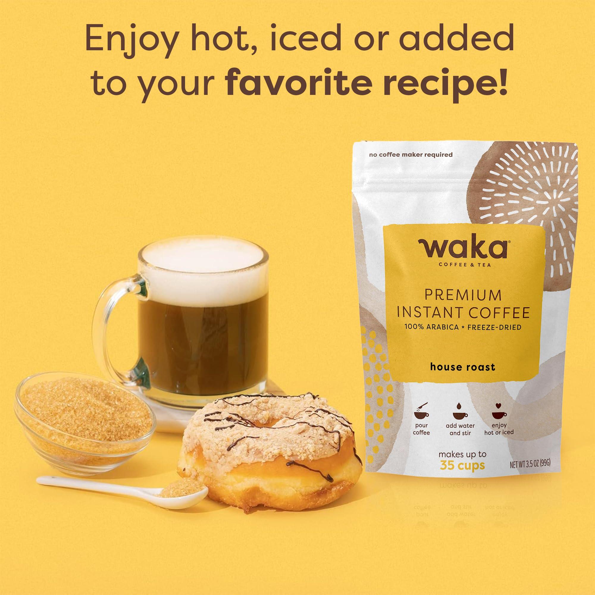 Waka Coffee Waka Instant Coffee, House Roast - 100% Arabica Beans, Freeze Dried Granules, No Sugar or Additives - Bulk Bag for Quick Hot and Iced Coffees, Up to 35 Cups (3.5oz)