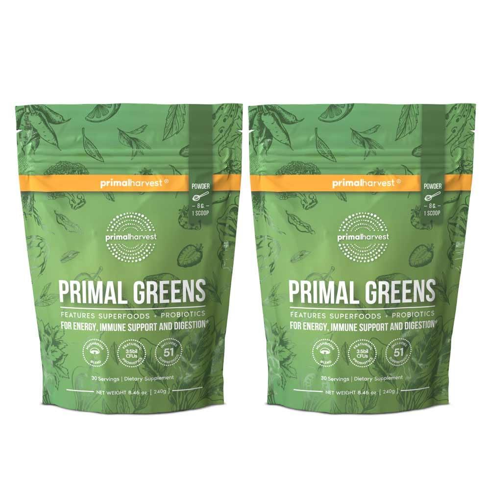 Primal Harvest 2 Pack, Super Greens Powder, 30 Servings w/+50 Greens Superfood Chlorella, Probiotics, Green Tea, Wheatgrass, Kale, Turmeric, Green Superfood Powder for Energy - Primal Greens