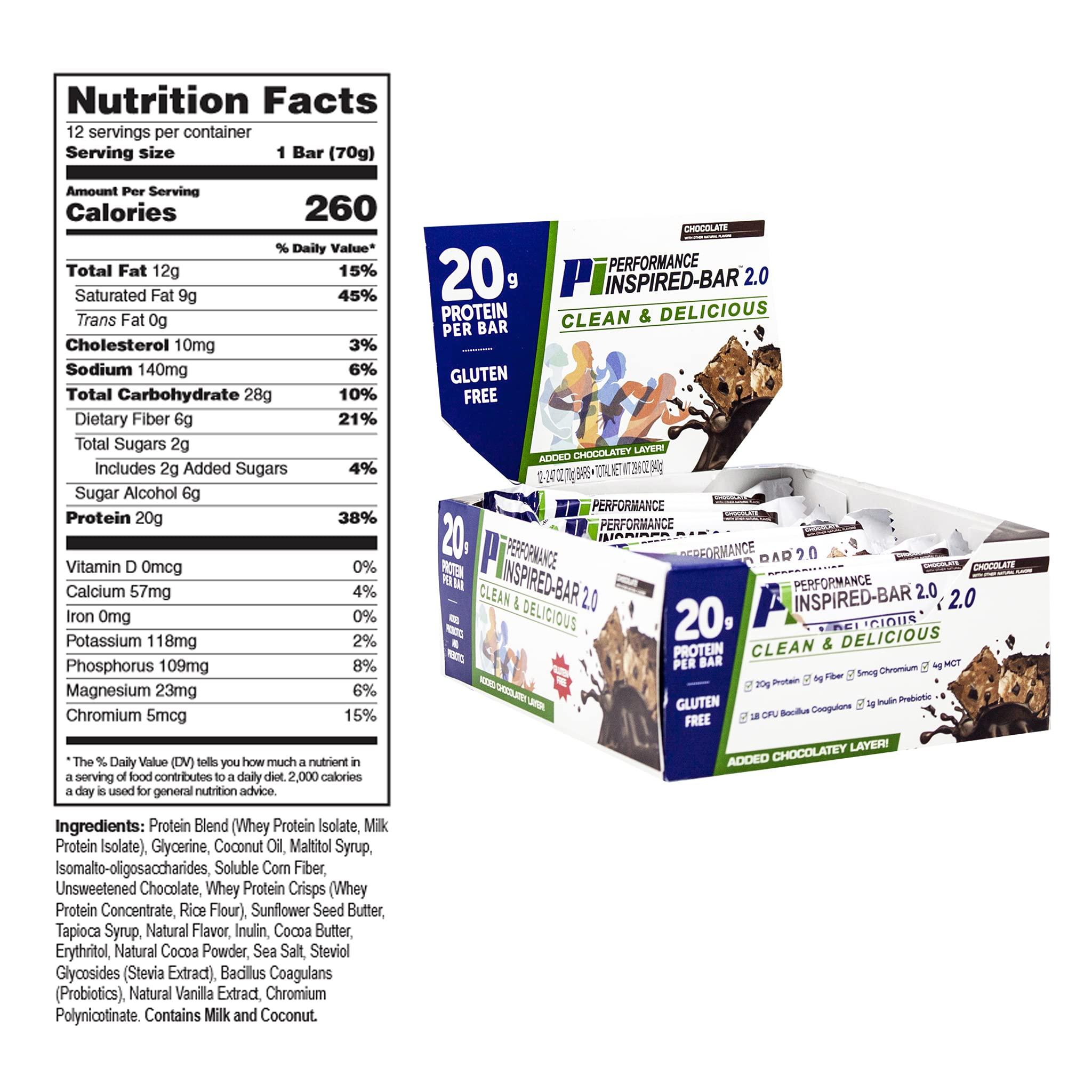 PERFORMANCE INSPIRED Performance Inspired Nutrition Protein Bar 2.0  20G Protein, 6G Fiber, 4G MCTs, 1 Billion CFU Probiotics  Gluten-Free  Chocolate Flavor  12 Count