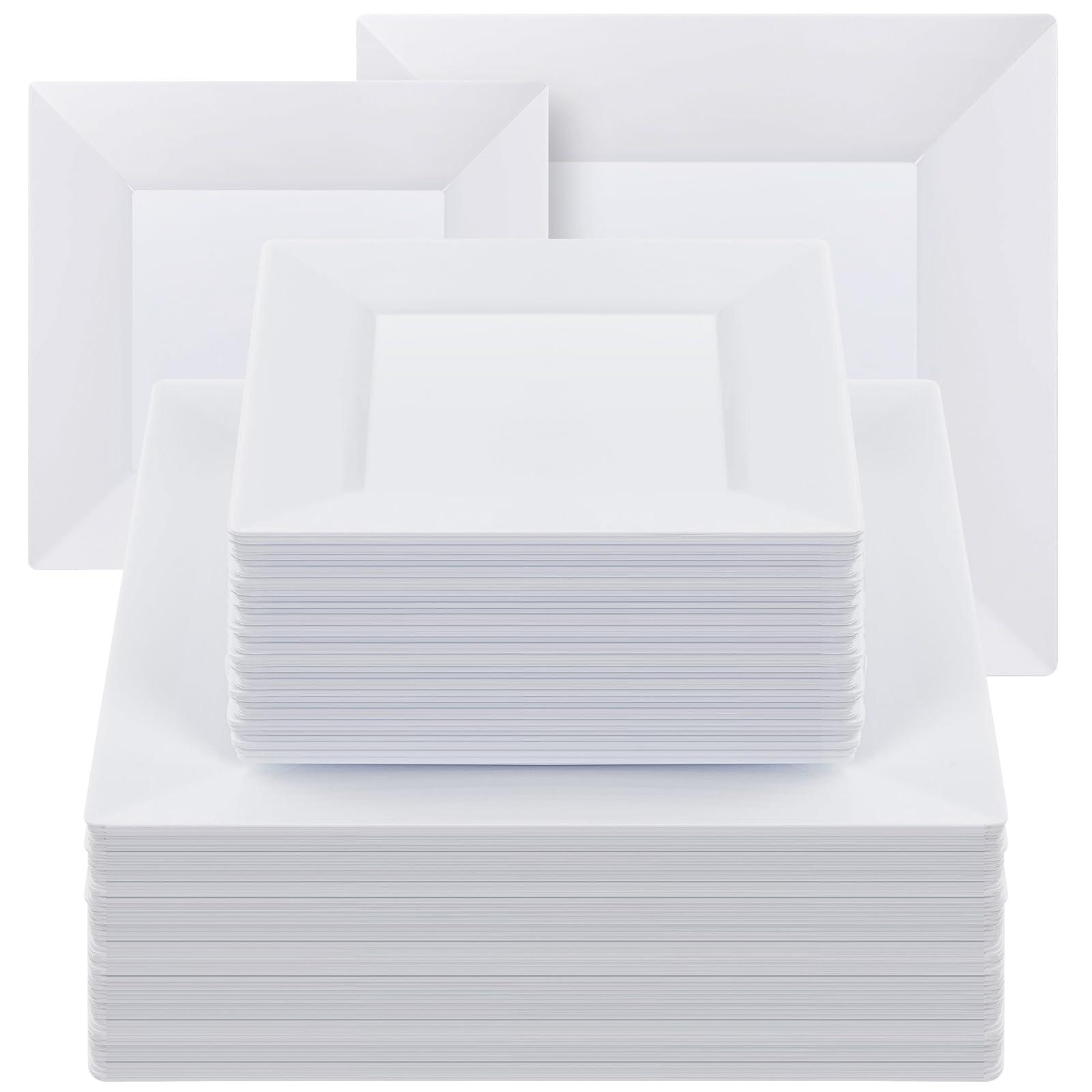 Goodluck Goodluck 100 Pack Disposable Square Plastic Plates, Heavy Duty 50pcs Dinner Plates 9.5\" and 50pcs Dessert Plates 6.5\", Fancy Disposable Plates for Wedding, Holiday Party, Birthday, White
