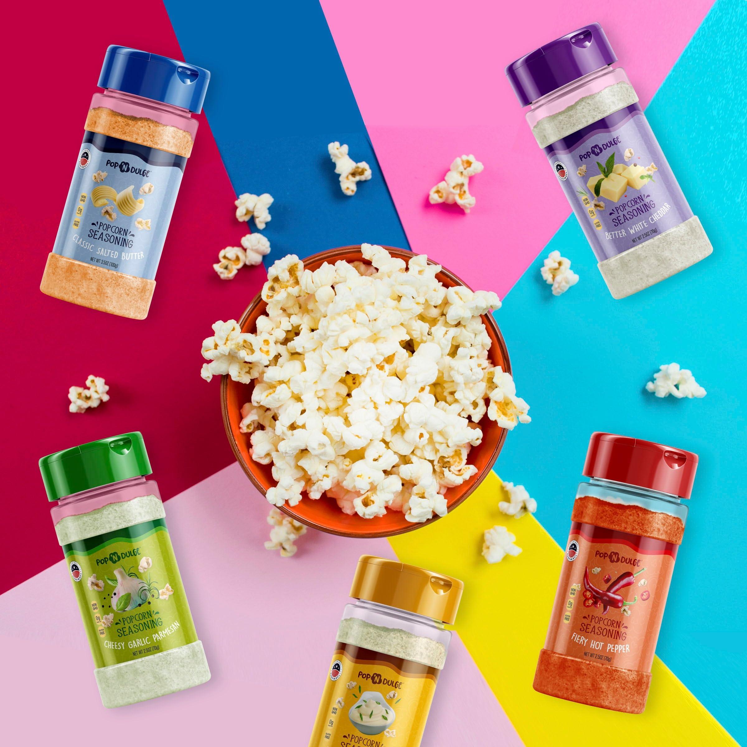Pop n\' Dulge Popcorn Seasoning Classic Salted Butter Gourmet Popcorn Flavoring Variety Pack, 3.5 Ounce (Pack of 6) Movie Night Supplies