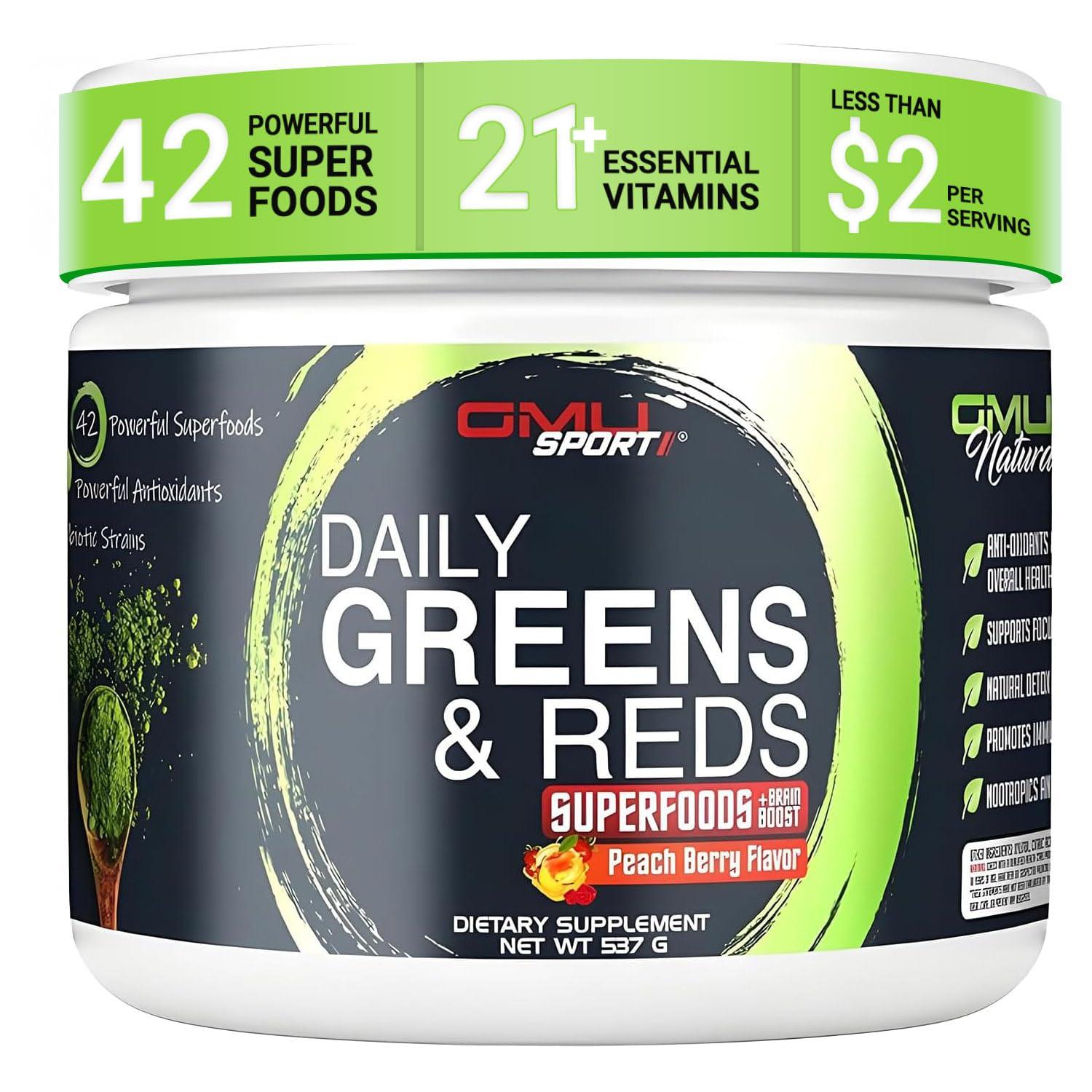 GMU SPORT GMU SPORT Greens and Reds Superfood Powder - Reds and Greens Powder Supplement with 42 Superfoods, Antioxidants, Adaptogen and Probiotics for Digestive Health and Mental Focus - Peach Berry