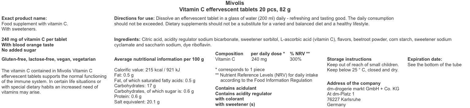 Mivolis Mivolis Vitamin C effervescent Tablets - Dietary Supplements 8 Tubes x 20 pcs | Germany