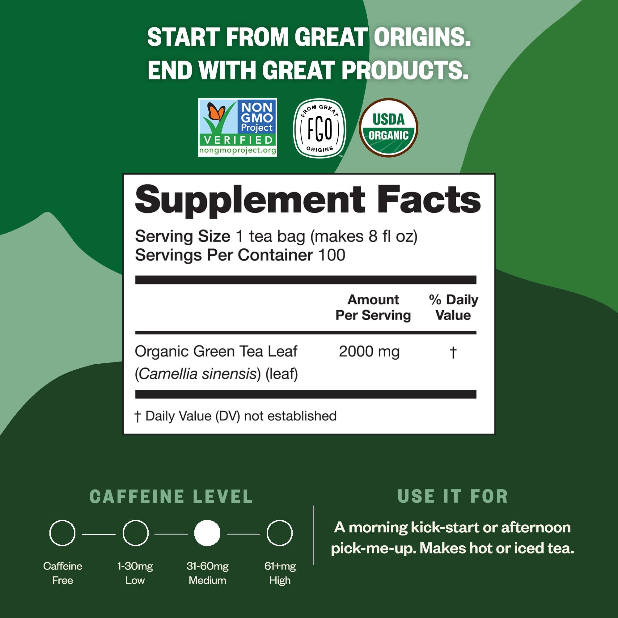 FGO FGO Organic Green Tea, 100 Count Eco-Conscious Tea Bags, Caffeinated, Resealable Pouch, Packaging May Vary (Pack of 1)