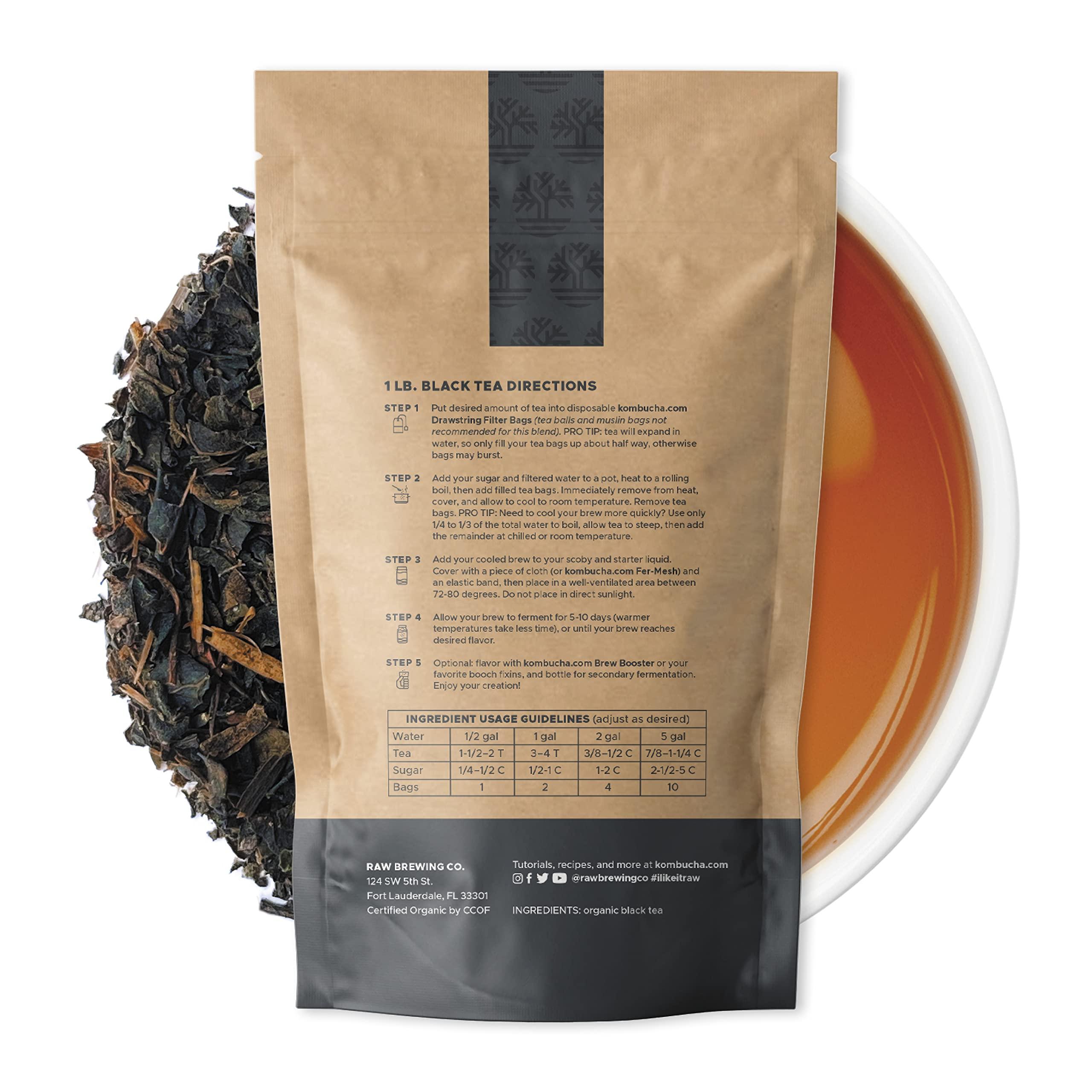 Raw Brewing Company Kombucha.com Certified Organic Loose Leaf Tea - Kombucha Brewing Blends (Black Tea Blend, 1 Pound + 100 XL FILTER BAGS)