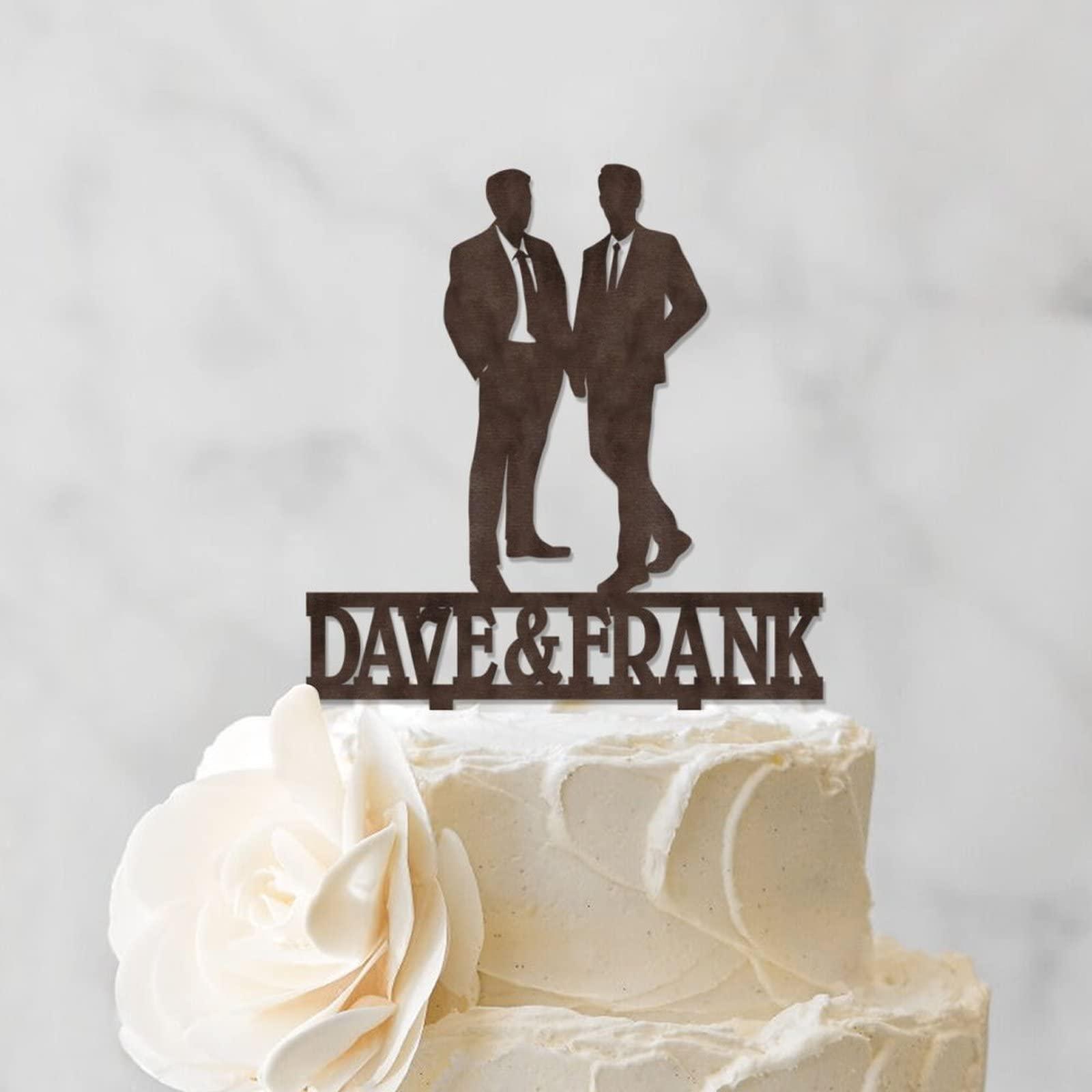 BYRON HOYLE Gay Marriage Silhouette Cake Topper Gay Same Sex LGBT Wedding Cake Toppers Mr & Mr Cake Topper for Wedding His And His Custom Wedding Party Topper LGBT Wood Brown Topper Cake Topper