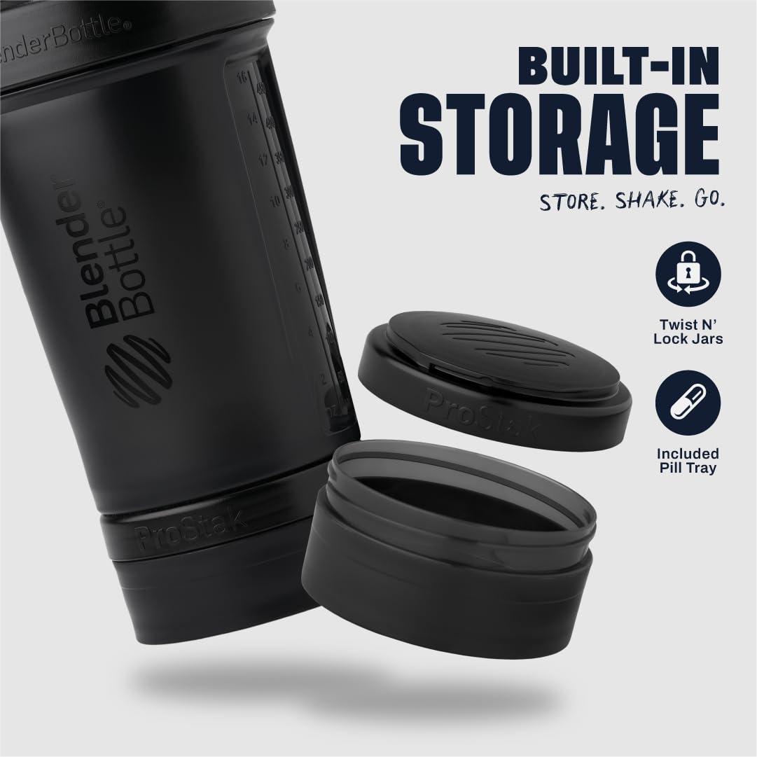 BlenderBottle BlenderBottle Shaker Bottle with Pill Organizer and Storage for Protein Powder, ProStak System, 22 Ounce, Midnight Black