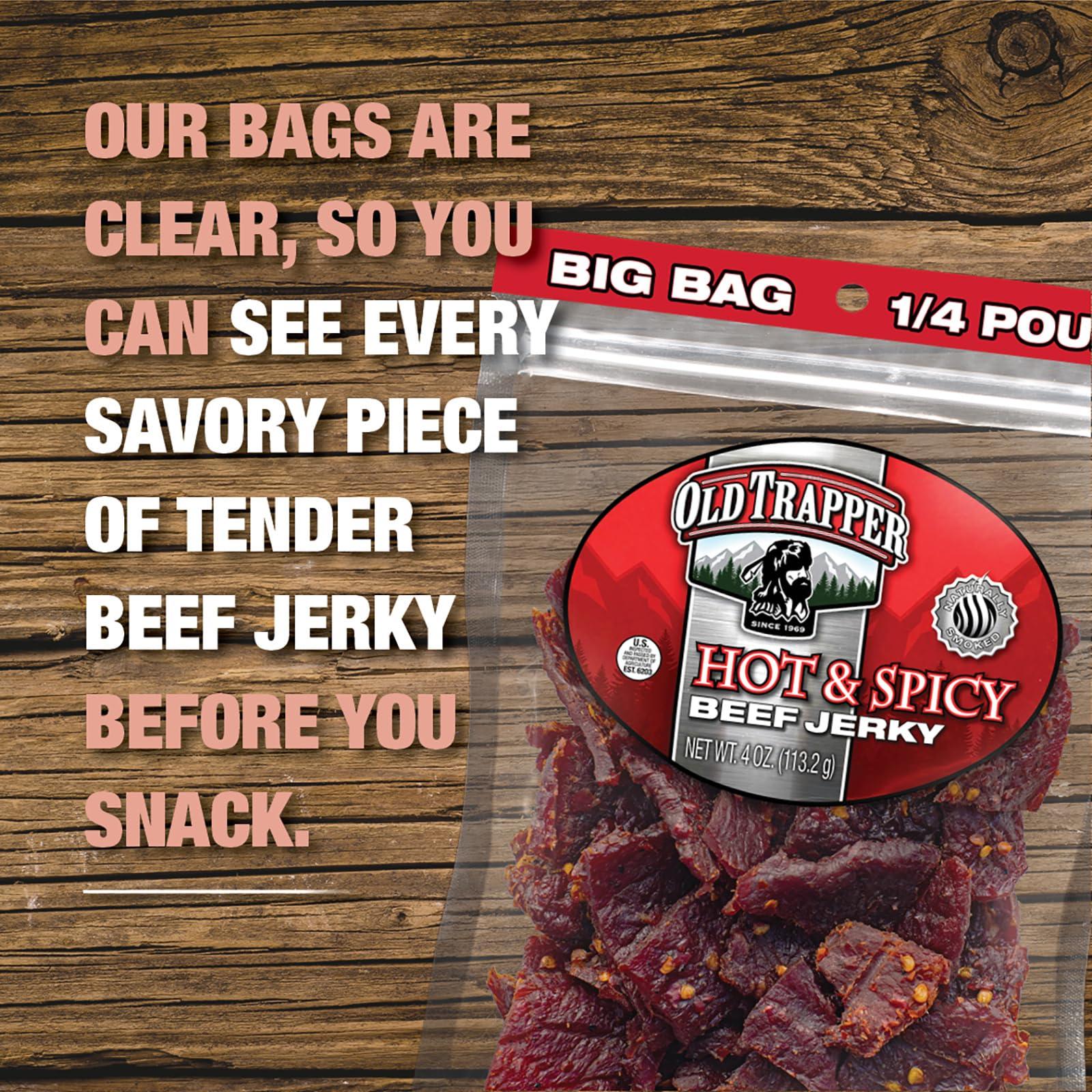 Old Trapper Old Trapper Beef Jerky, Hot & Spicy 1/4-Pound Individual Package, Savory and Spicy Meat Snacks for Lunches or Between Meals, 11 Grams of Protein and 70 Calories per Serving (Pack of 8)
