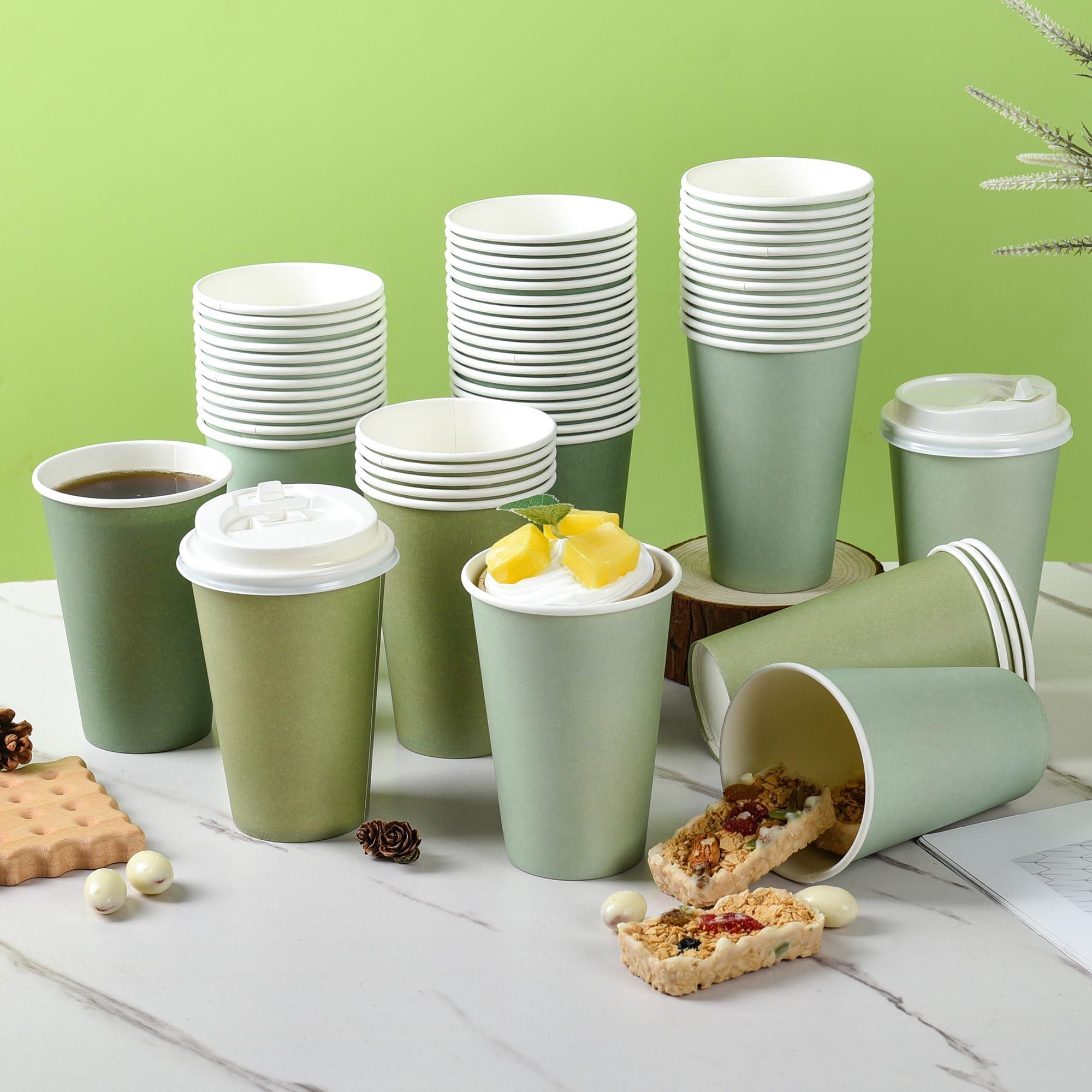 Purhapfre 80 Pcs 12 oz Sage Green Paper Cups Disposable Coffee Cups with Lids Green Gradient Paper Cup Baby Shower Cups Green Solo Cups for Hot and Cold Beverage Water Juice Coffee Tea Party Wedding Supplies