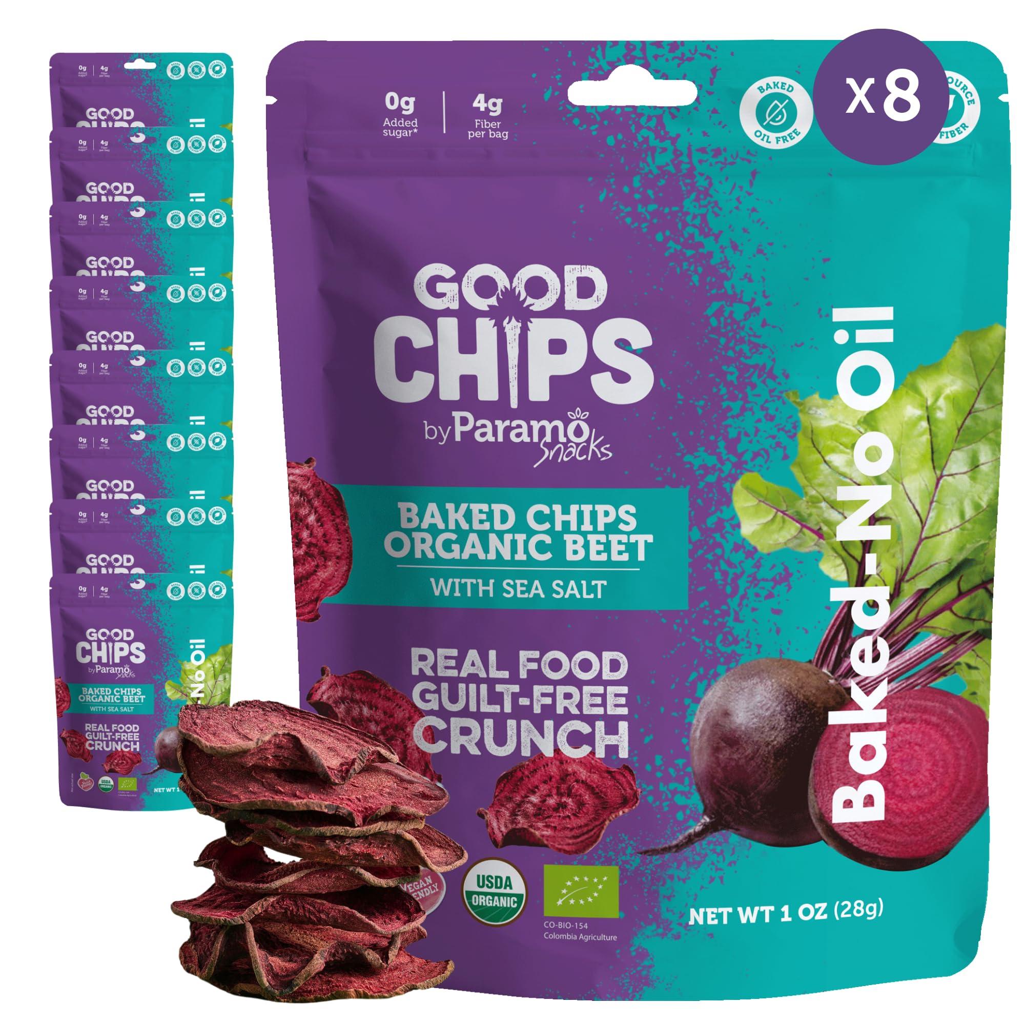 Good Chips by Paramo Snacks Baked Organic Beet Chips by GOOD CHIPS! 100% Natural, Oil Free, Only Two Ingredients: Organic Beets and Sea Salt. 1 oz Bags, Pack of 8