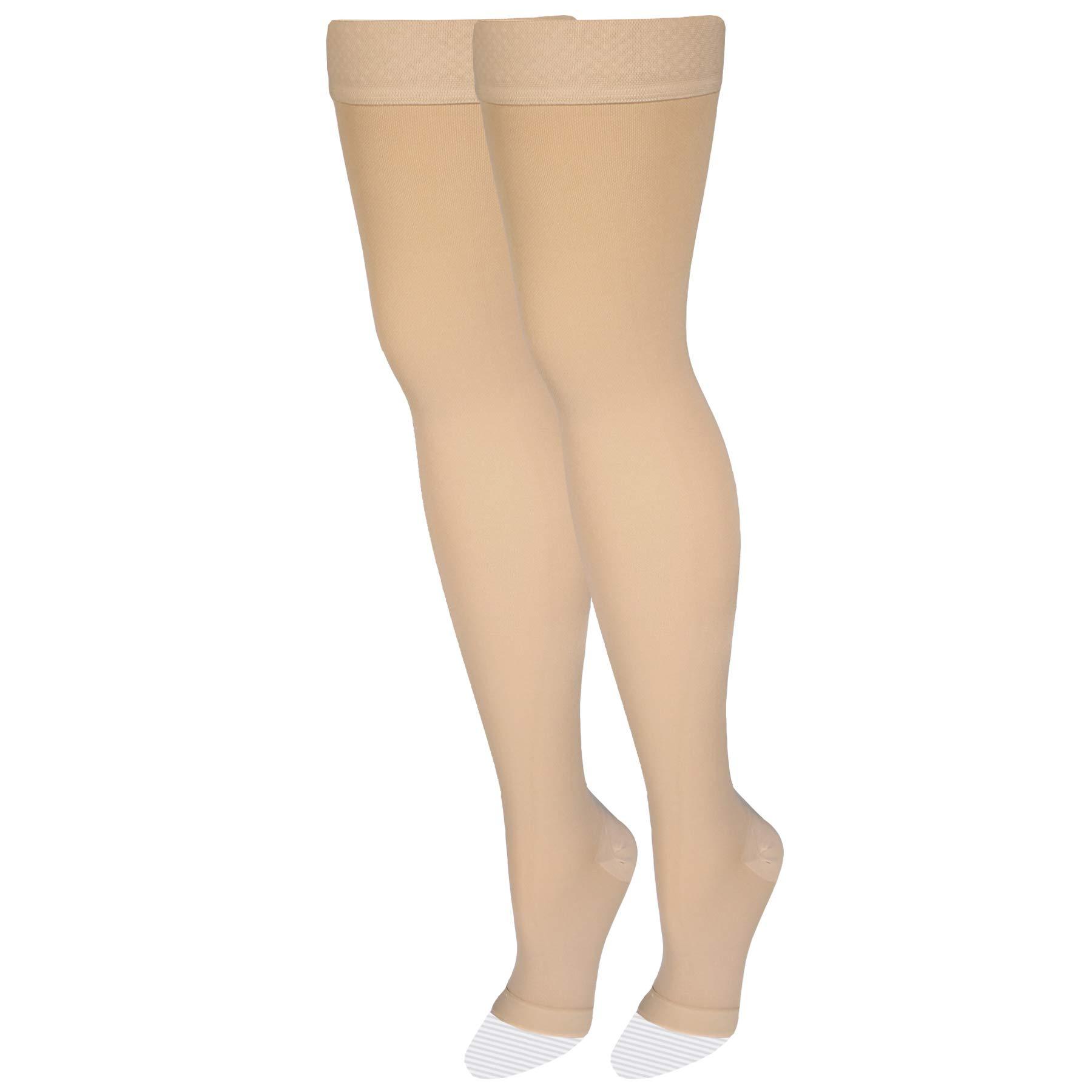 Amazon Basic Care Amazon Basic Care Medical Compression Stockings, 20-30 mmHg Support, Women & Men Thigh Length Hose, Open Toe, Beige, Large (Previously NuVein)