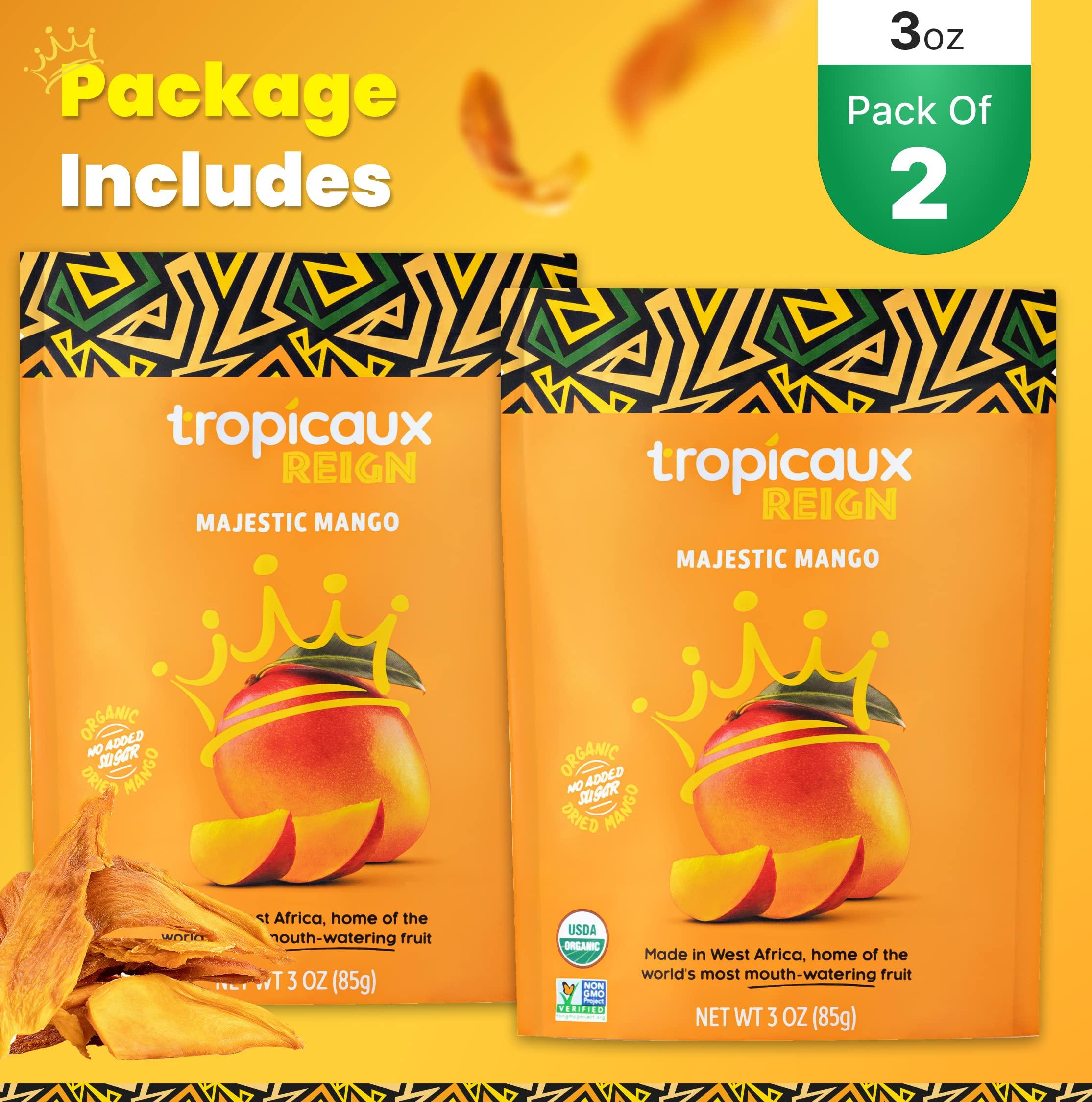 Tropicaux Reign Organic Dried Mango No Sugar Added, 3oz, Pack of 2 (6oz Total) - Delicious and Nutritious Non-GMO Dried Mangoes - No Preservatives or Chemicals - Perfect Snack for Kids & Adults by Tropicaux Reign