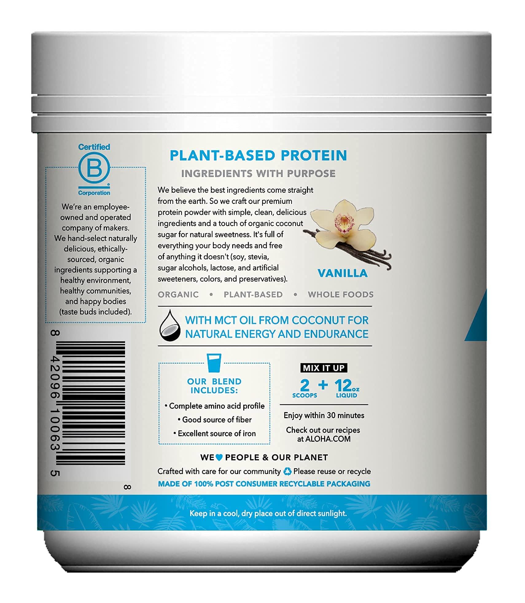 ALOHA ALOHA Organic Plant Based Protein Powder, Stevia Free, Vanilla, 19.6 oz, 15 Servings PACKAGING MAY VARY