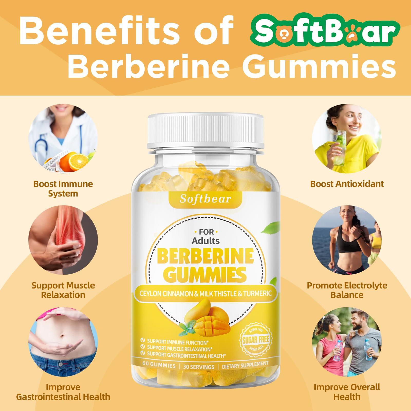 softbear softbear Berberine Gummies Super Berberine with Ceylon Cinnamon for Immune Digestive Health Organic Berberine Supplement 1500mg-99% Purity Berberine HCL 120 Gummies Mango Flavor
