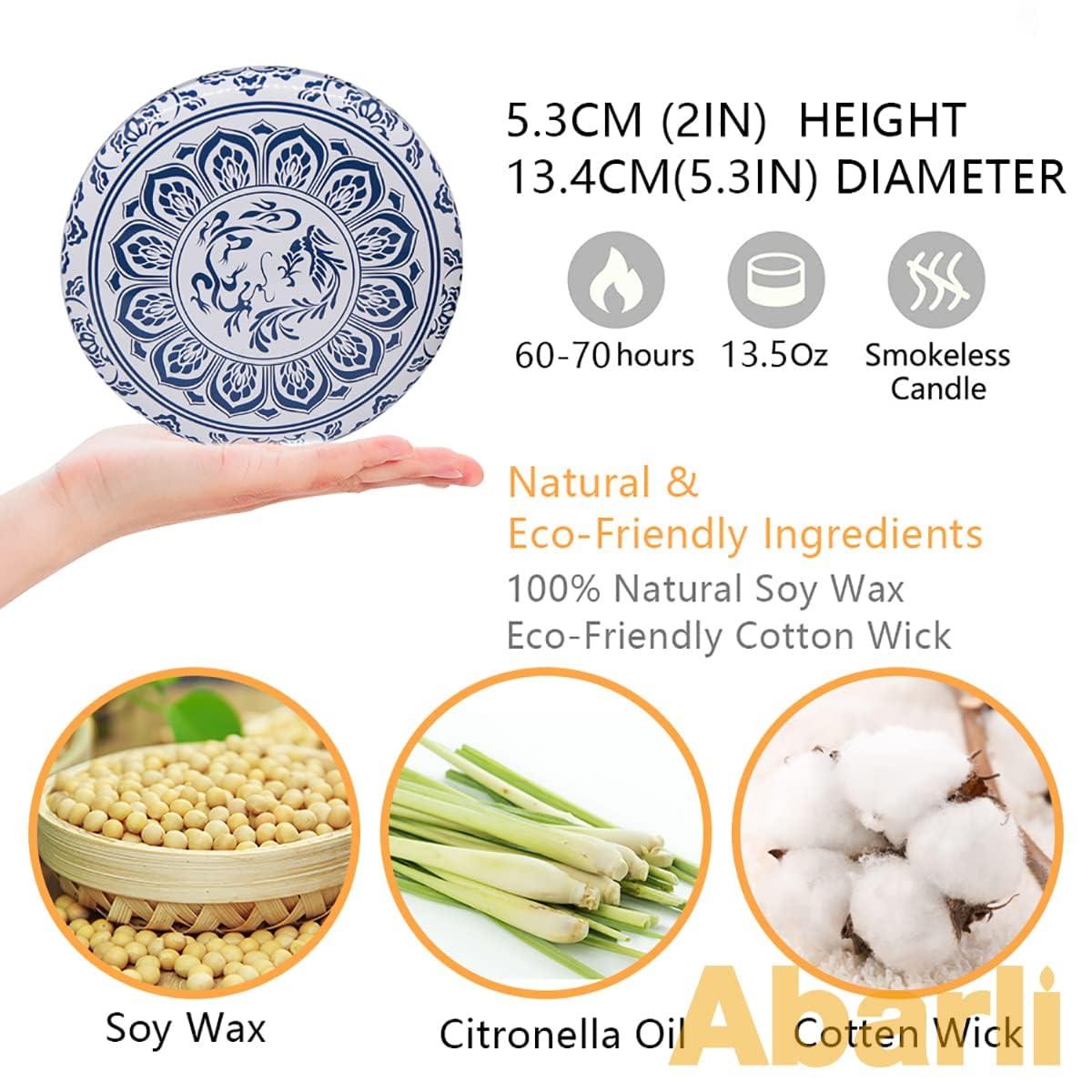 Abarli Citronella Candle Outdoor Large 3 Wick 13.5oz Soy Wax Candle with Lid for Patio Porch, 75 Hour Burn