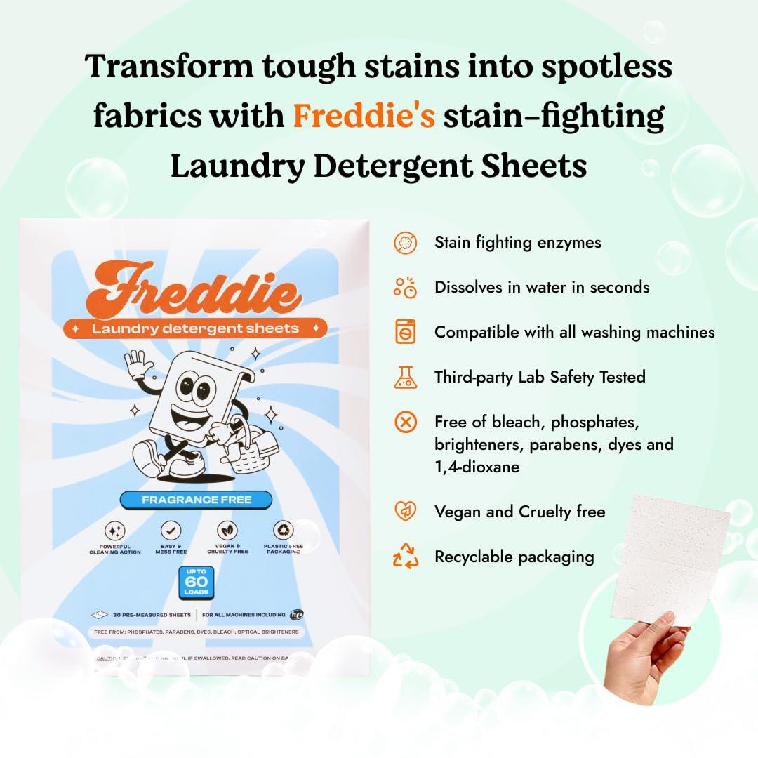 Freddie Freddie Laundry Detergent Sheets - Frosty Mountain Scent - 60 Loads (30 Sheets) - Concentrated Eco Friendly Liquid-less Strips