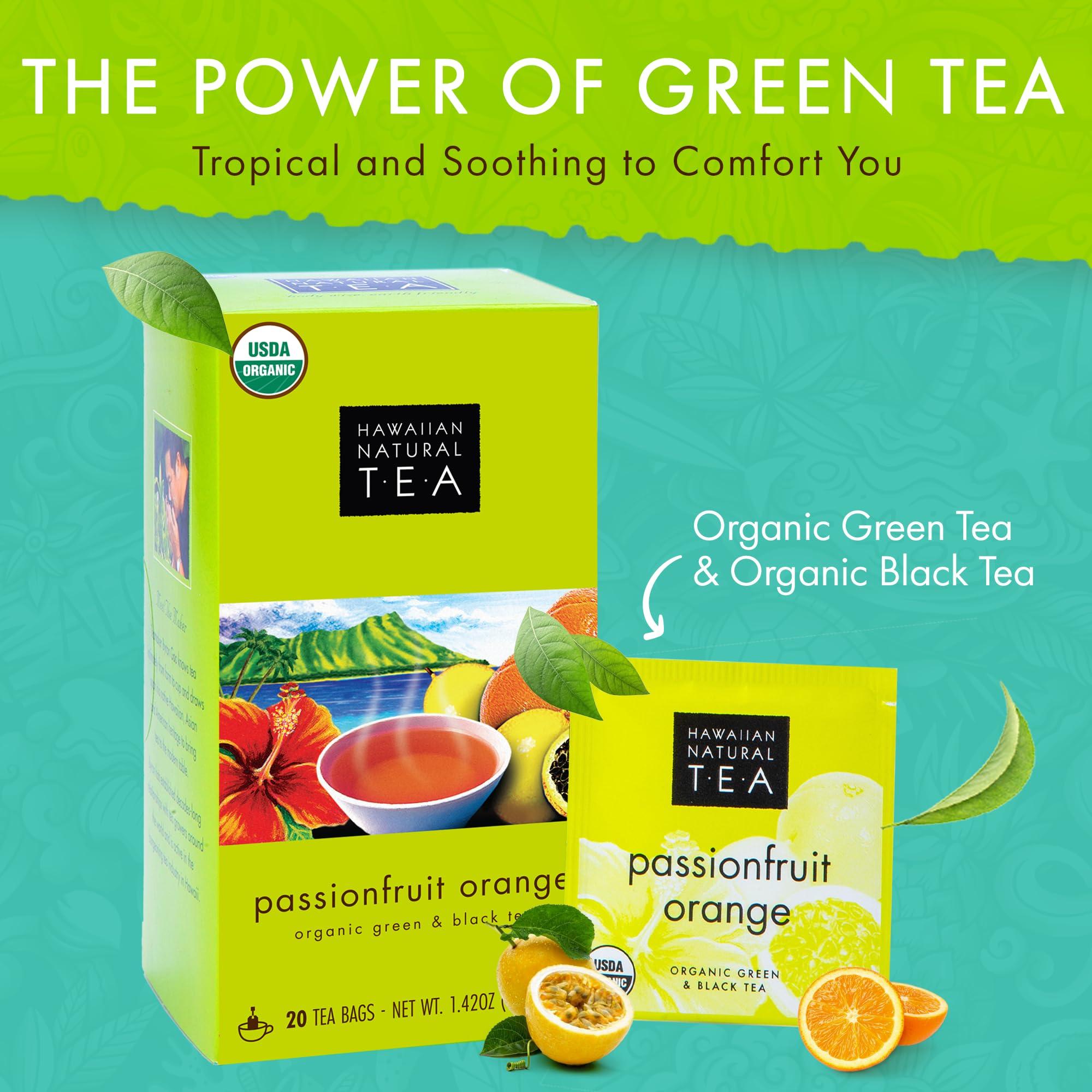 HAWAIIAN NATURAL TEA Hawaiian Natural Tea Passion Fruit Orange Flavored Organic Tea - Tropical Fruit Green Tea Blend with Black Tea - Perfect Daily Cup & Gift for Tea Lovers - 60 Tea Bags