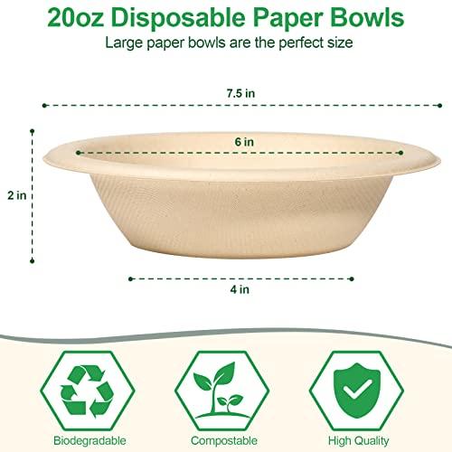 Bionutrio 20oz Paper Bowls Disposable, 100 Pack Bowls Disposable Heavy Duty, Compostable Soup Bowls, Biodegradable Serving Bowls for Salad, Ice Cream, Dessert, Eco-Friendly Bowls Made Of Sugarcane