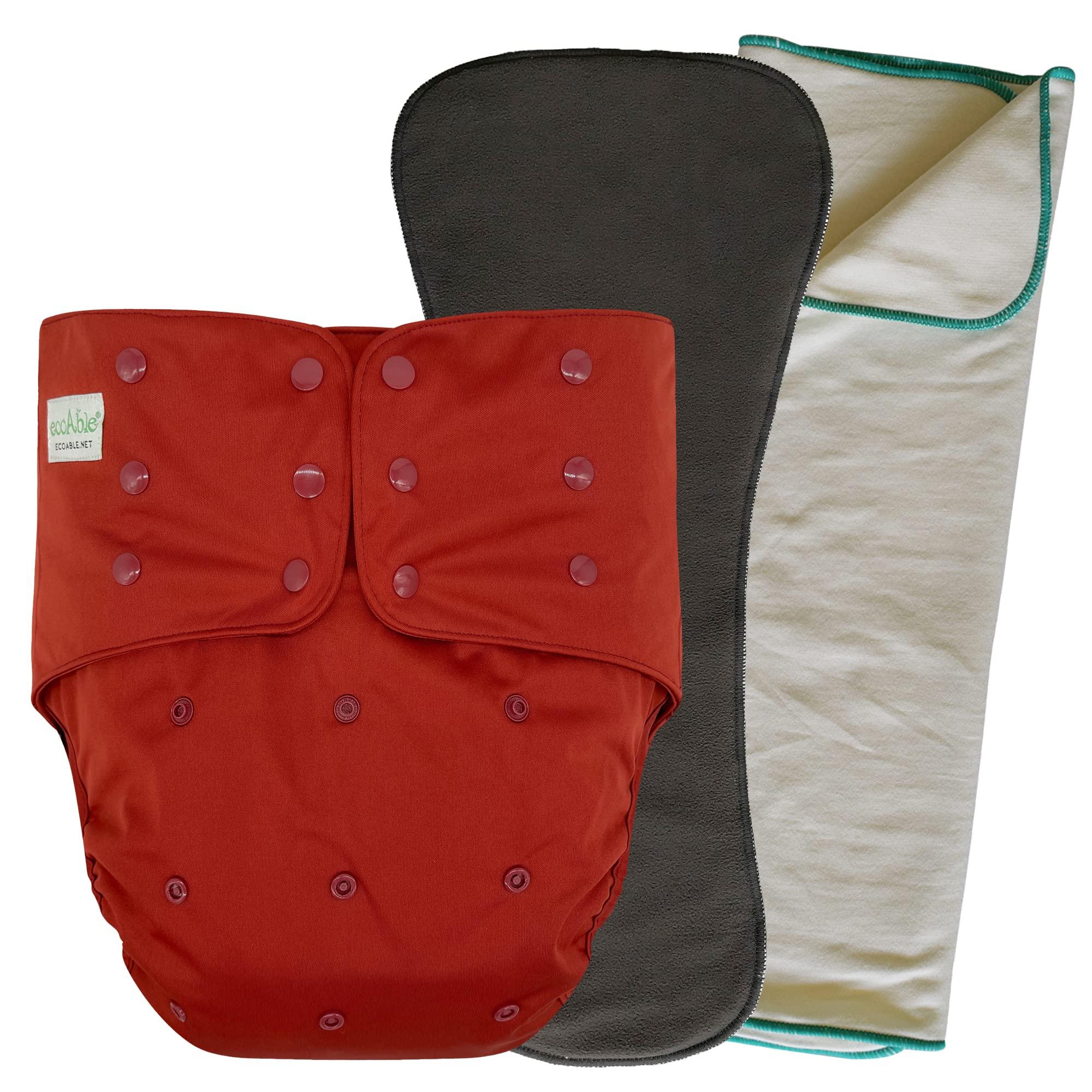 Ecoable Adult\'s Cloth Diaper Cover 2.0 - Incontinence Protective Briefs with Insert and Prefold for Special Needs Teens, Men and Women (Medium, Deep Red)