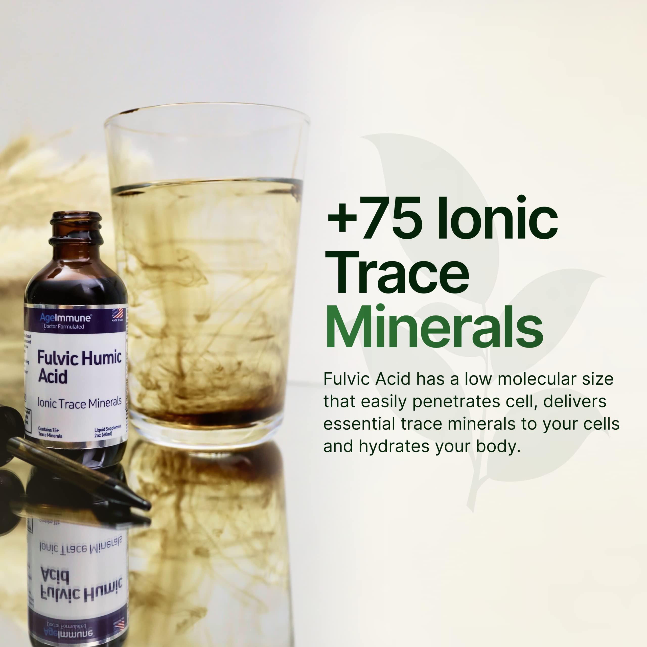 AgeImmune Fulvic Humic Acid Liquid Supplement. Plant Derived Mineral Drops, Over 75 Trace Minerals for Energy Boost. Up to 8 Months Supply. Concentration 250%. 2oz Each. 2 Bottles.