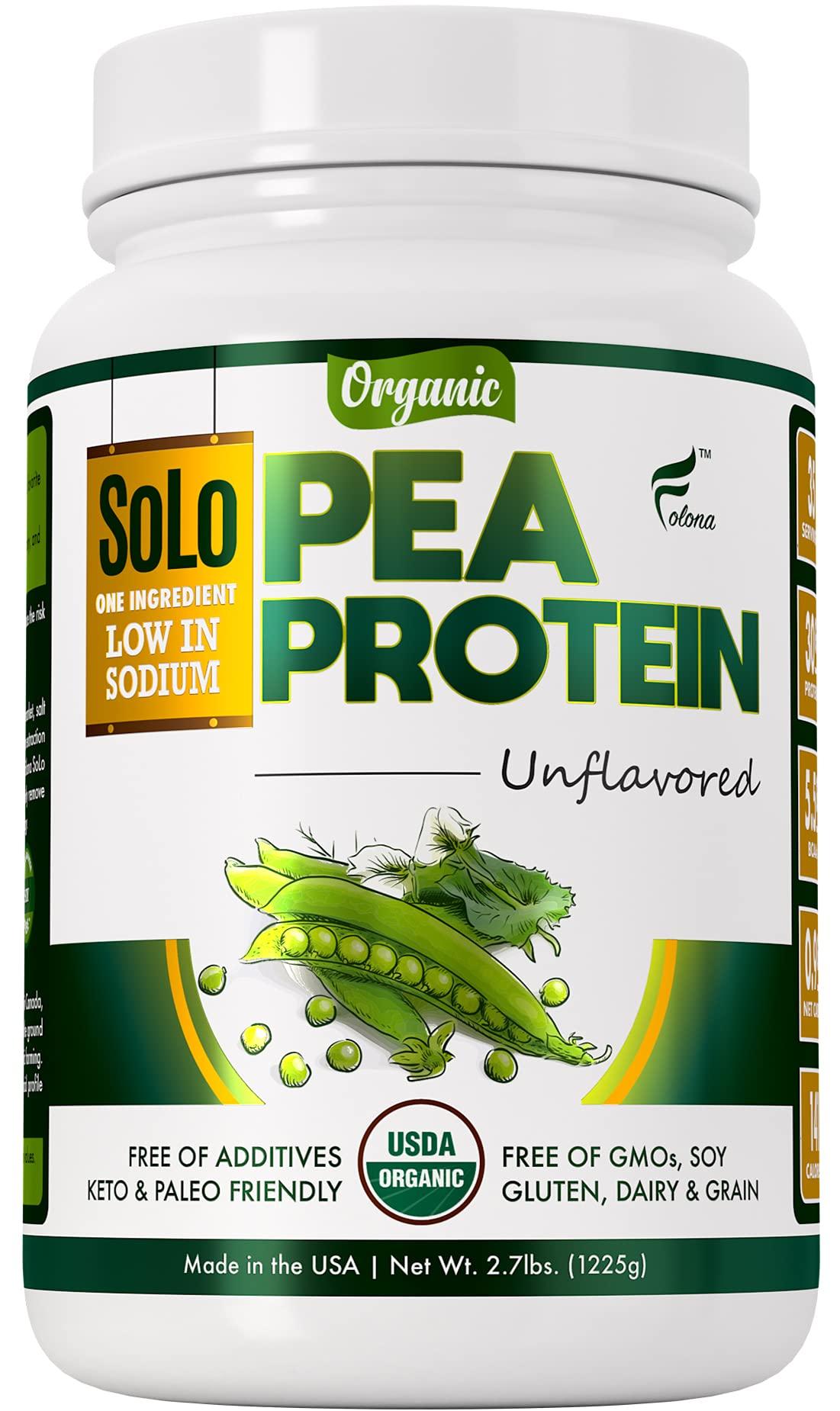 FOLONA SOLO Organic Pea Protein Powder, Low in Sodium, Canada Grown Peas, 100% Vegan, Non-GMO, Unflavored Plant Based Protein Powder with BCAA, Keto & Paleo Friendly, Easy to Digest, No Additives (2.7 lbs)