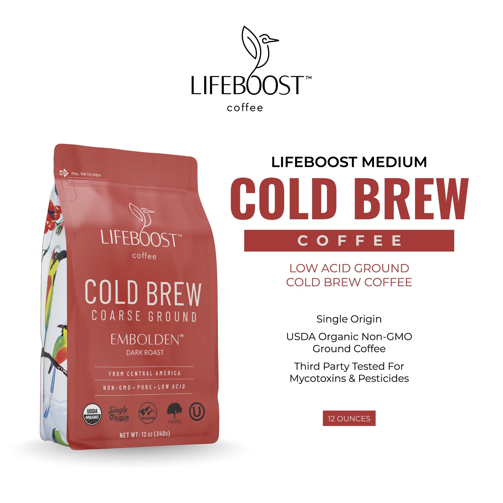LIFEBOOST Lifeboost Dark Cold Brew Coffee - Low Acid Coarse Ground Coffee for Cold Brew - Single Origin Non-GMO USDA Organic Cold Brew Coffee Grounds - 3rd Party Tested For Mycotoxins & Pesticides - 12 Ounces