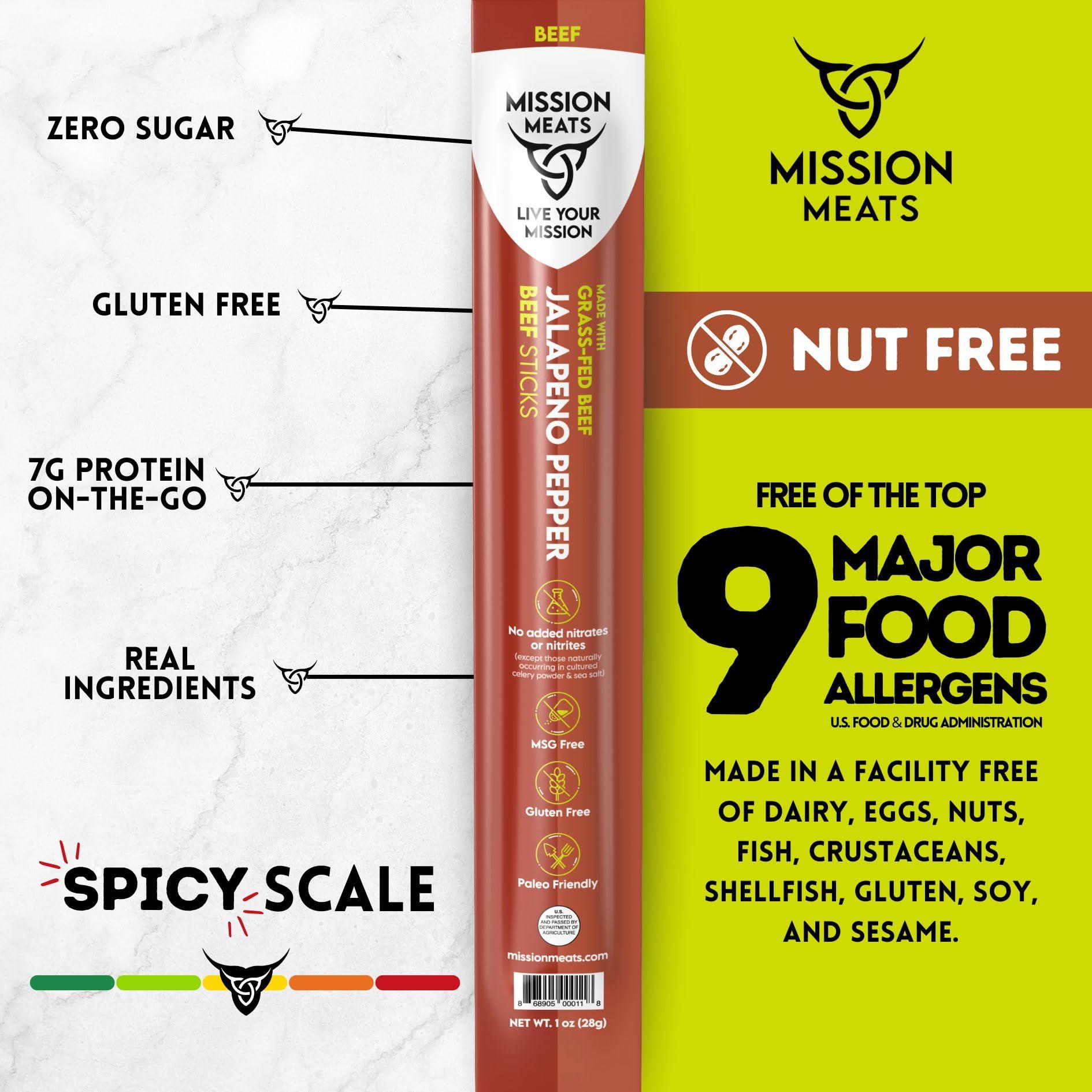 EST. 2015 MISSION MEATS Mission Meats Beef Sticks 100% Grass Fed & Pasture Raised, Zero Sugar, Gluten Free, Meat Sticks Individually Wrapped, Healthy Snacks, Whole 30 & Paleo Friendly, Jalapeno 1oz (Pack of 24)