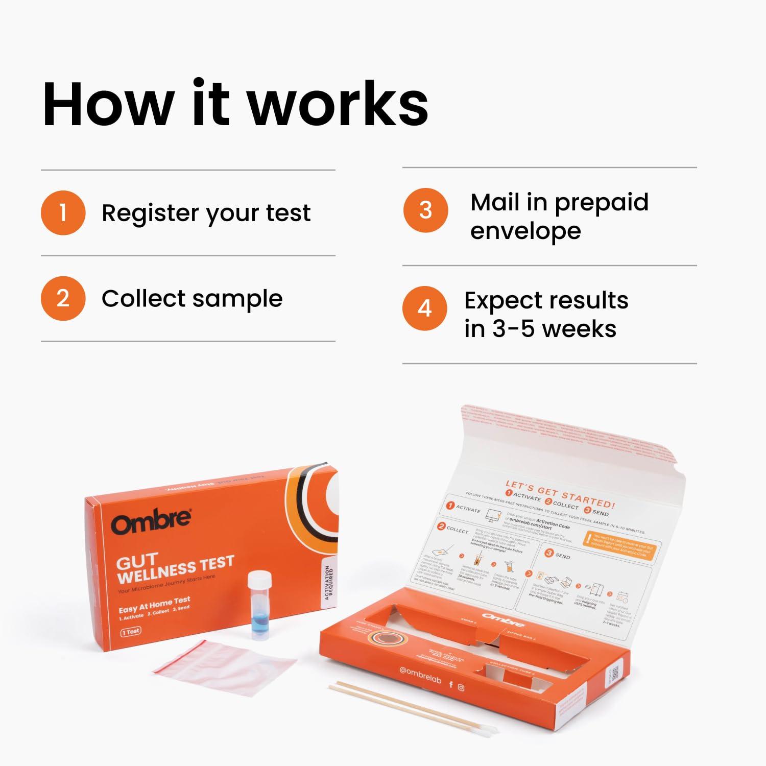 Ombre Ombre Gut Health Test Kit - Probiotic Recommender at Home Test for Women & Men - Detailed Custom Gut Microbiome Analysis for Digestive, Immune and Mental Health with Food Suggestions