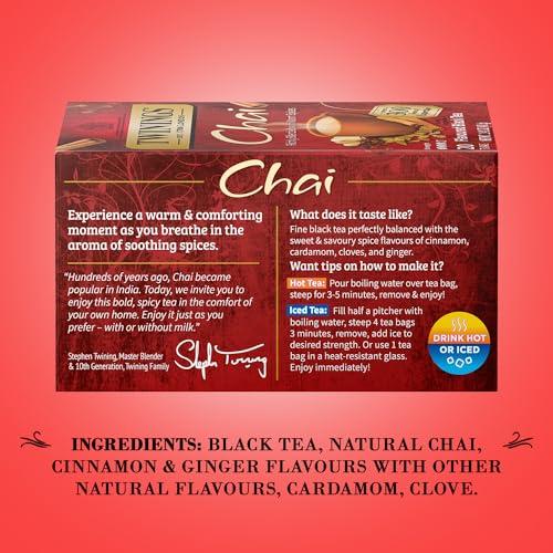 Twinings Twinings Chai Tea, Caffeinated Black Tea Naturally Flavored with Aromatic Spices and Ginger, Tea Bags Individually Wrapped, 20 Count Ea (Pack of 2)