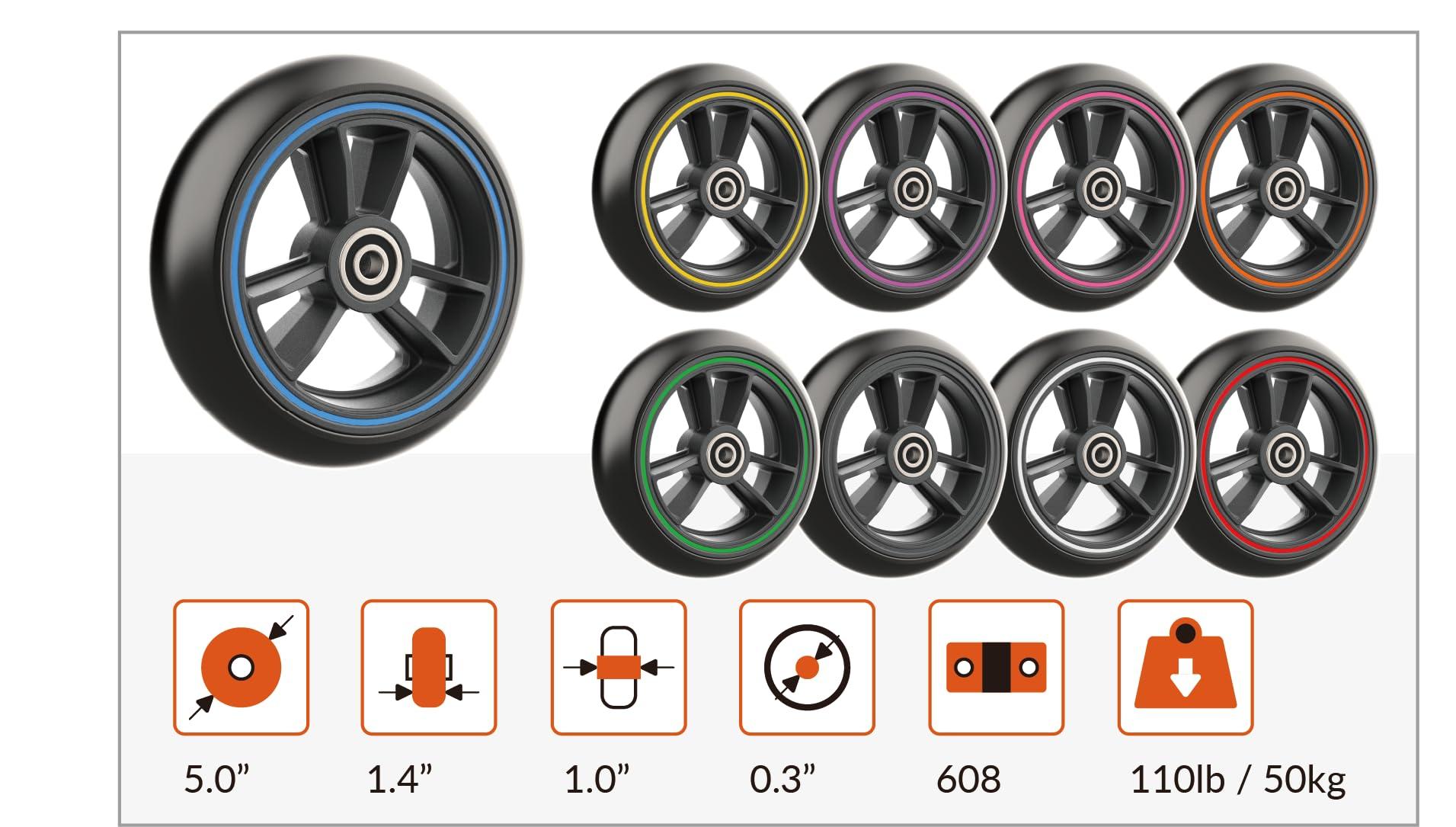 RIANT WHEEL RIANT WHEEL, W534, 5 X 1.4 inch, Solid, PU Wheels, Wheelchair Casters, Nylon Rim, one Pair (Pink)