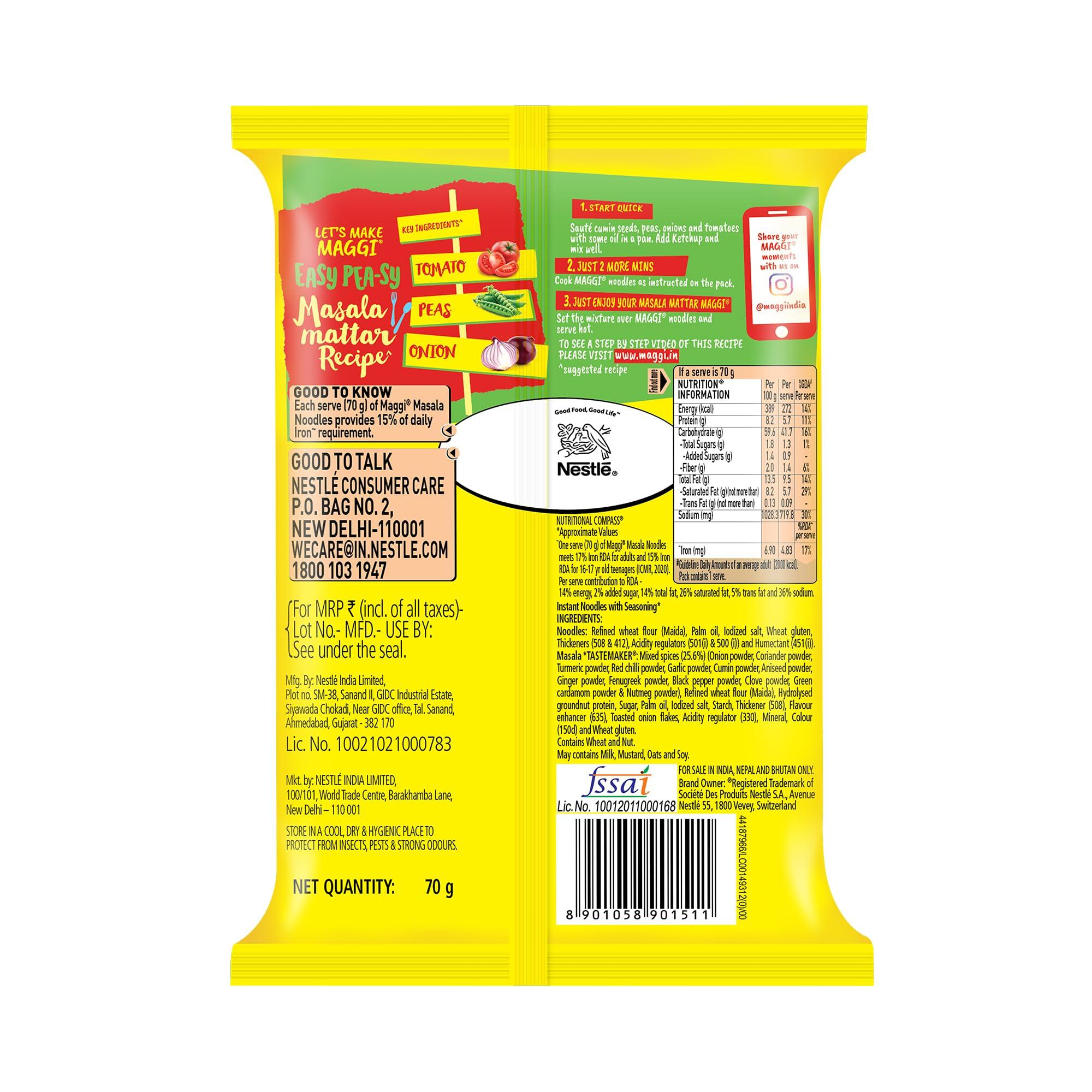 Maggi Maggi 2 Minutes Noodles Masala, 70 grams pack (2.46 oz)- 1 pack - Made in India
