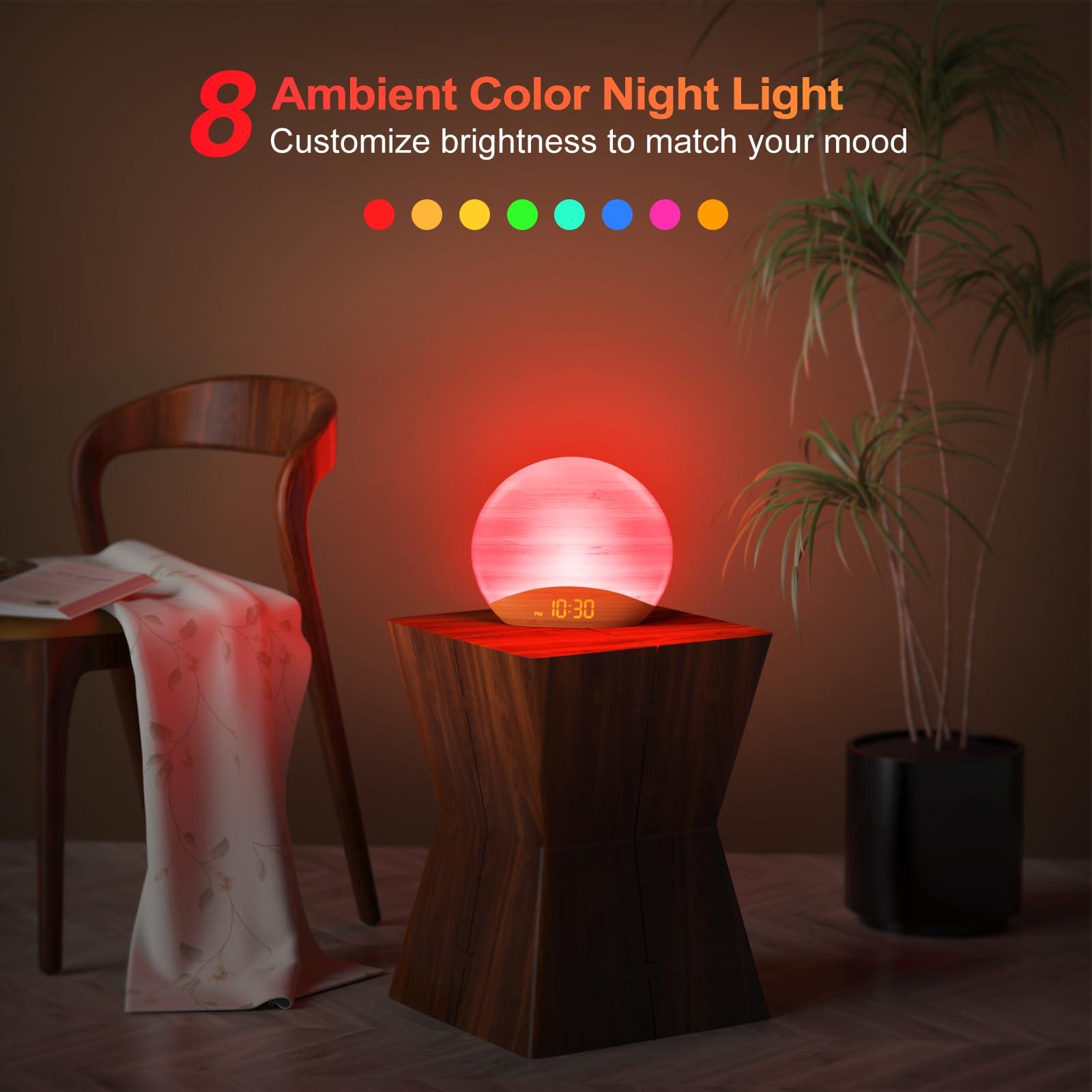 REACHER REACHER Natural Wood Grain Sound Machine Sunrise Alarm Clock26 Nature Inspired Sleeping Sounds, 0-100% Dimmable Clock, Night Light,Brown/Pink/White Noise Sound Machine for Babys, Kids, Adults