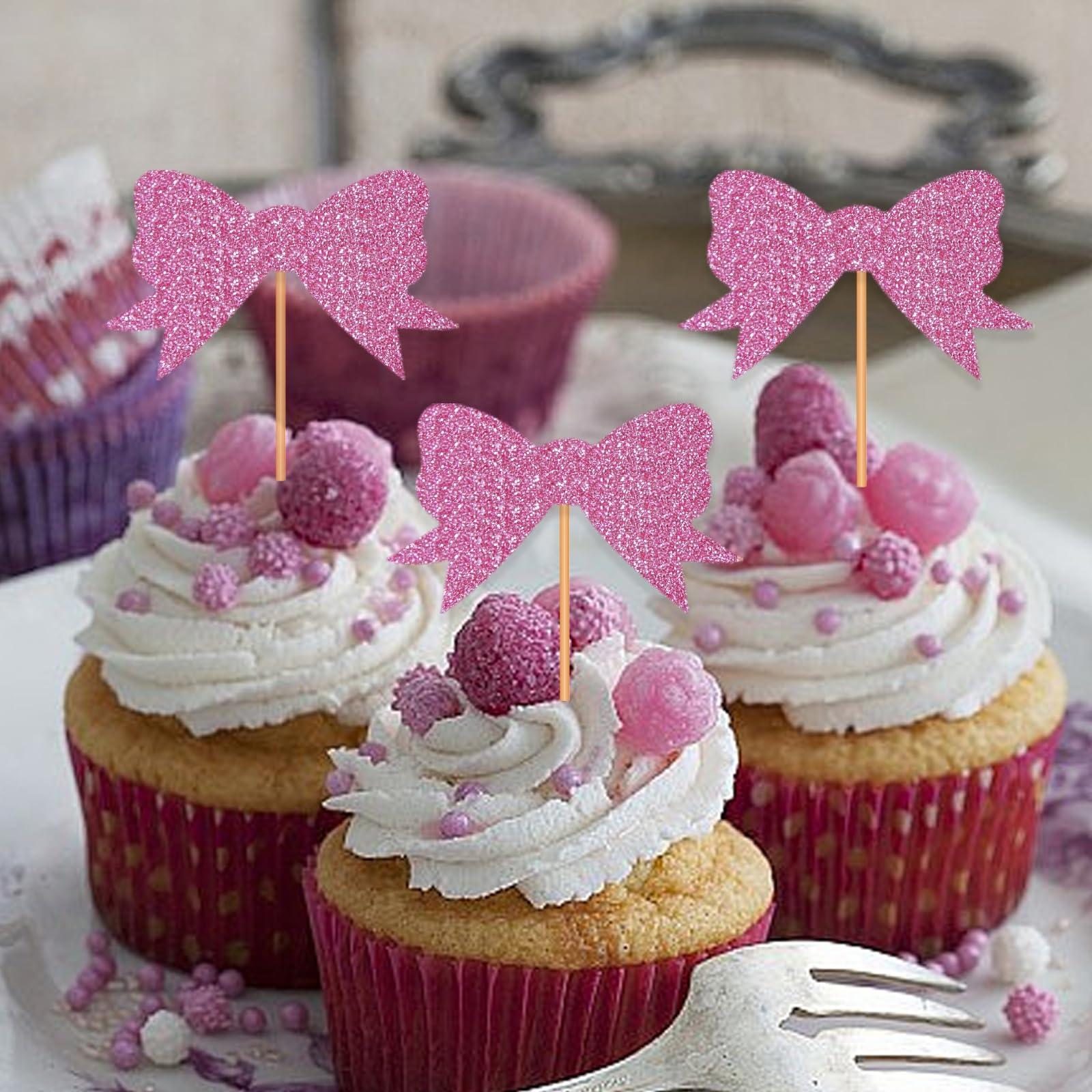 Blopee Blopee Cupcake Toppers, Pink Cupcake Toppers for Birthday Party, Princess Cupcake Toppers for Girls Birthday, 12 pcs Bowknot Cupcake Decorations for Bridal Baby Shower Birthday Wedding Themed Party