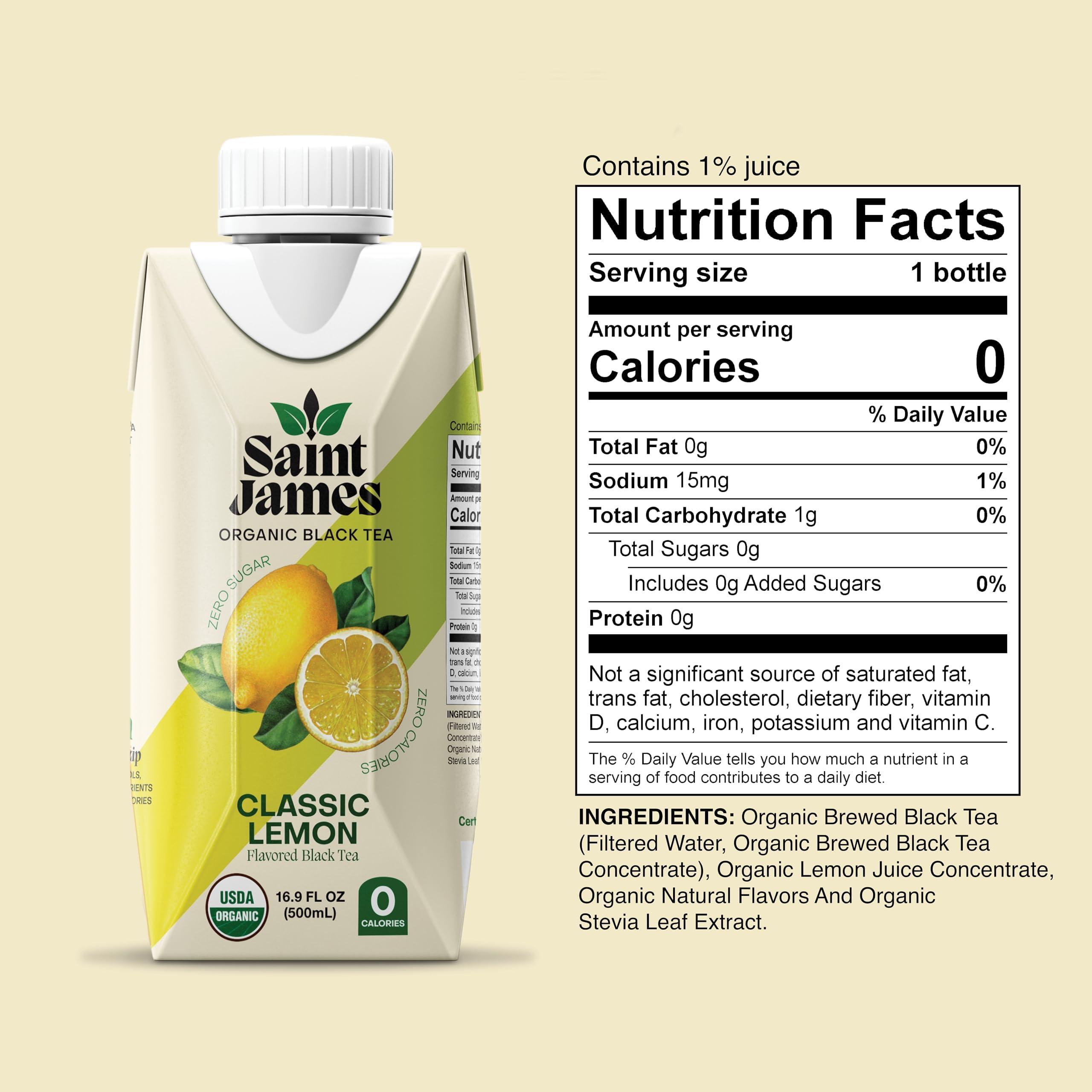Saint James Brands Saint James Organic Black Tea, Classic Lemon, Zero Sugar, Kosher, USDA Certified Organic, 16.9 Fluid Ounce (Pack of 12)