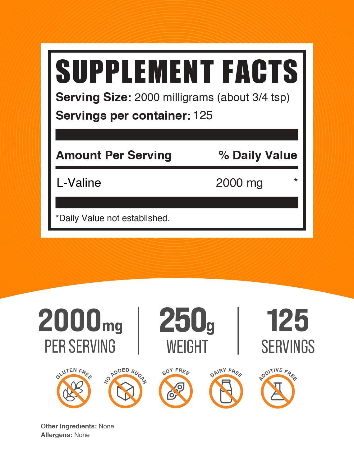 BulkSupplements BulkSupplements.com L-Valine Powder - Valine Supplement, Valine Amino Acids - BCAA Supplement, L-Valine 2000mg - Gluten Free, 2000mg per Serving, 250g (8.8 oz) (Pack of 1)