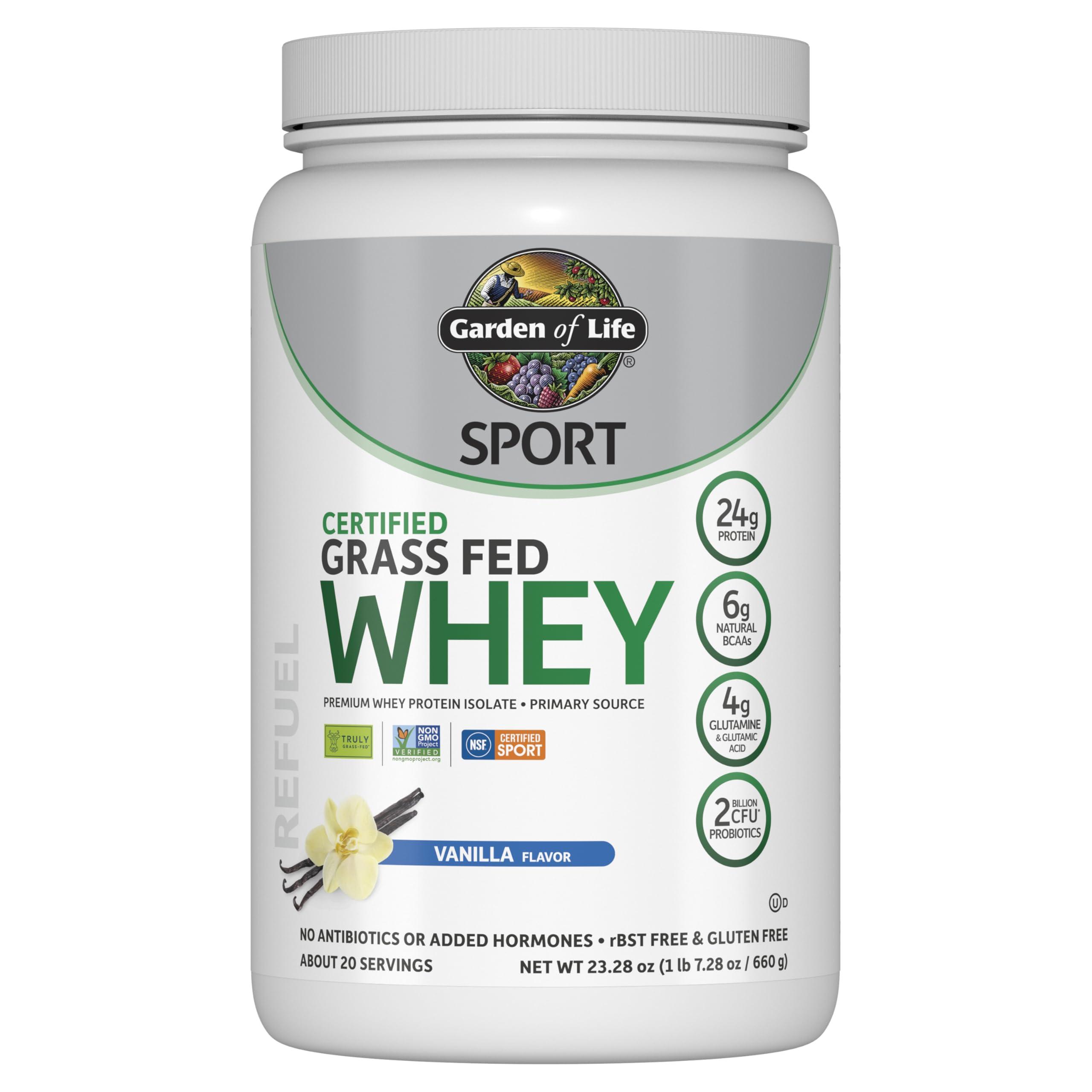 Garden of Life Garden of Life Sport Whey Protein Powder Vanilla, Premium Grass Fed Whey Protein Isolate Plus Probiotics for Immune System Health, 24g Protein, Non GMO, Gluten Free, Cold Processed - 20 Servings