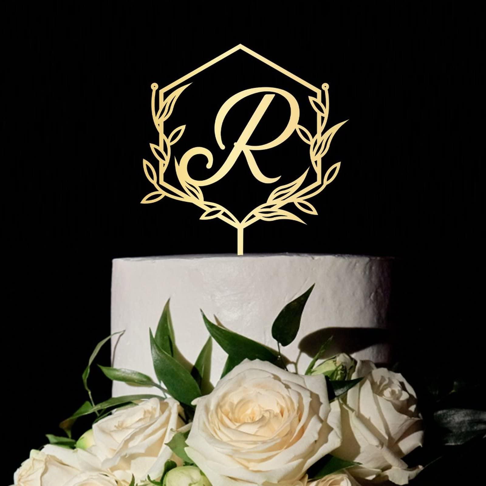 buythrow Mirror Gold Initial Letter R Wedding Cake Toppers,Floral Wreath Custom Any Initial Cake Topper,initial Letters Cake Topper, for Engagement Birthday Bridal Shower Wedding Party Decorations