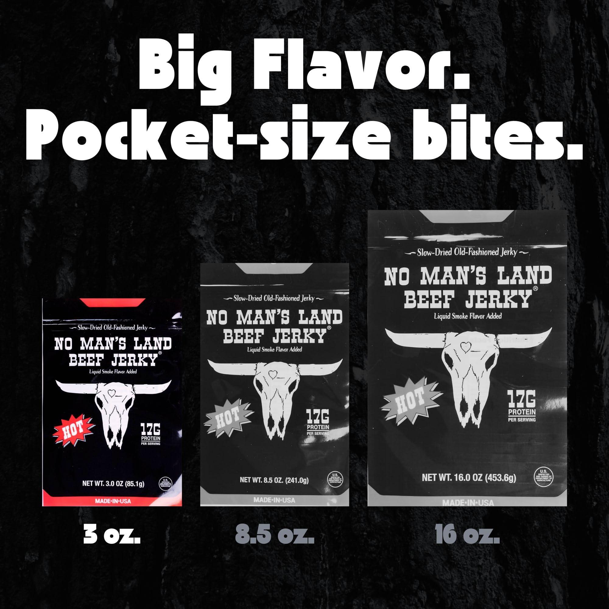 NO MANS LAND BEEF JERKY No Man’s Land HOT Beef Jerky High Protein Low Calorie Low Carb Beef Snack 3.0oz Bag
