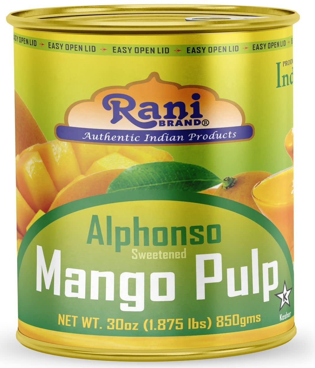 Rani Brand Authentic Indian Products Rani Mango Pulp Puree (Makes Mango Lassi Shakes) Alphonso Sweetened 30oz (1.875lbs) 850g ~ Kosher | All Natural | NON-GMO | Vegan | No colors | Gluten Friendly | Indian Origin