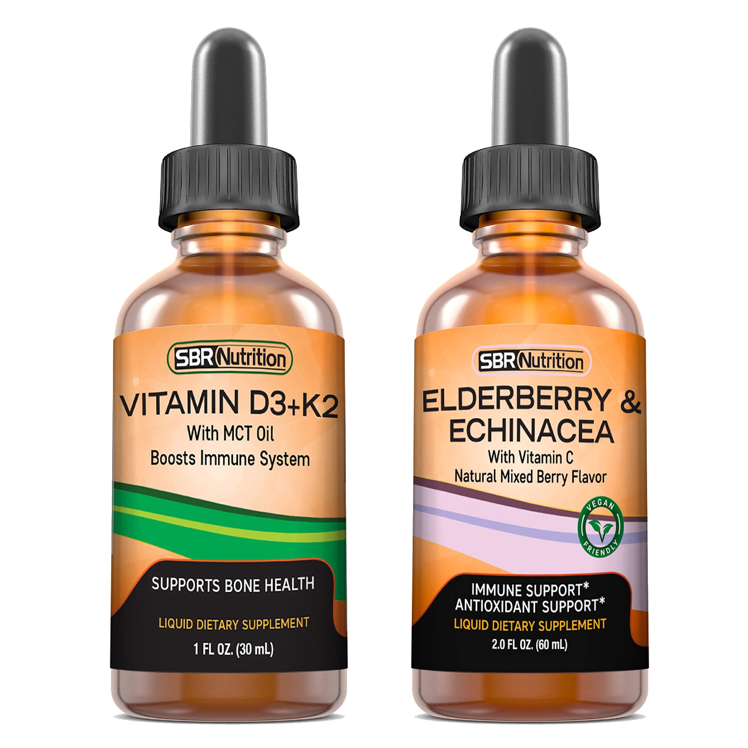 SBR Nutrition SBR Nutrition D3+K2 and Elderberry Bundle Vitamin D3K2 (MK7) Liquid Drops, Peppermint,1oz | Elderberry & Echinacea & Vitamin C Liquid Drops, 2oz | Adults & Kids | Non-GMO, Gluten Free