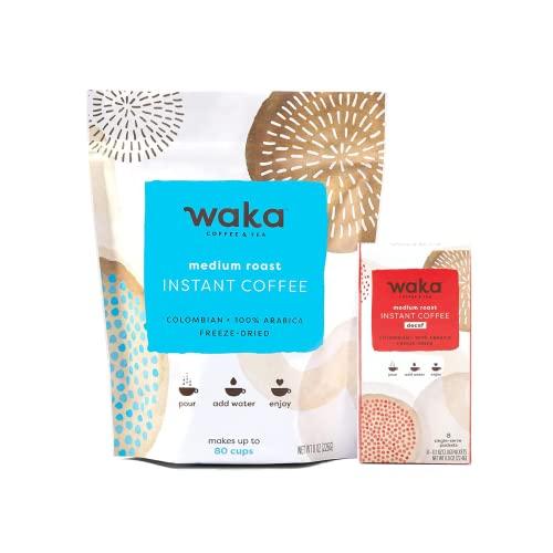 Waka Coffee Waka Quality Instant Coffee — Colombian Medium Roast 8 oz and Colombian Decaf Single Serve Box — 100% Arabica Freeze Dried Beans — No Sugar Added & Unsweetened