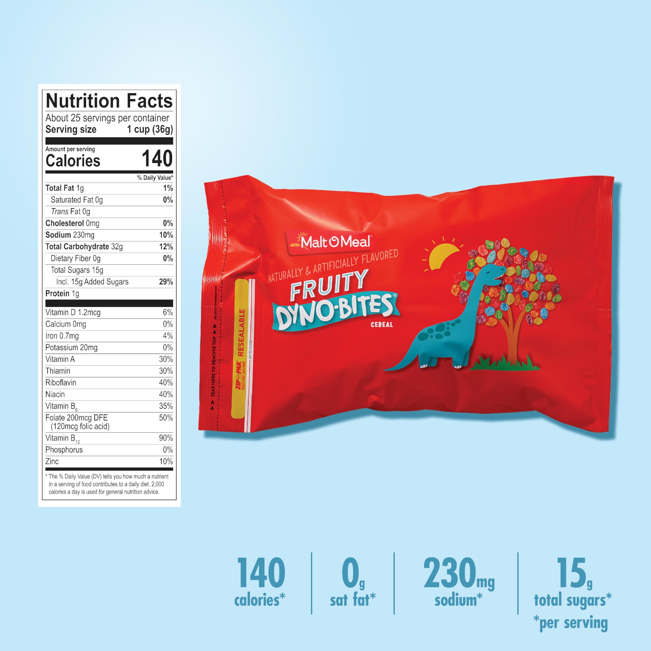 Post Consumer Brands, LLC Malt-O-Meal Fruity Dyno Bites Cereal, Gluten Free Breakfast Cereal with Fruity Flavor, Large Cereal for Family, 32 OZ Resealable Cereal Bag